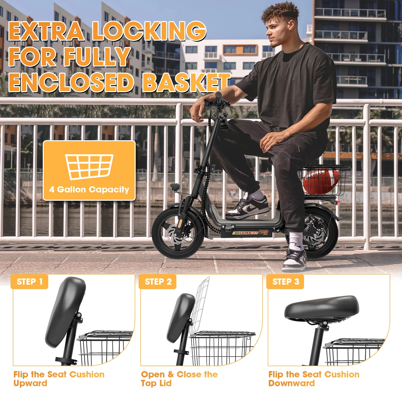 Electric Scooter with Seat for Adult and Basket, 14 Inch Tire Electric Scooter with Dual Shock Absorbers, 350W Motor with 25-Mile Range, Speed Up to 20 MPH (Gen 2.0)(Electric Scooter Bike with Basket-Black) - Image 9