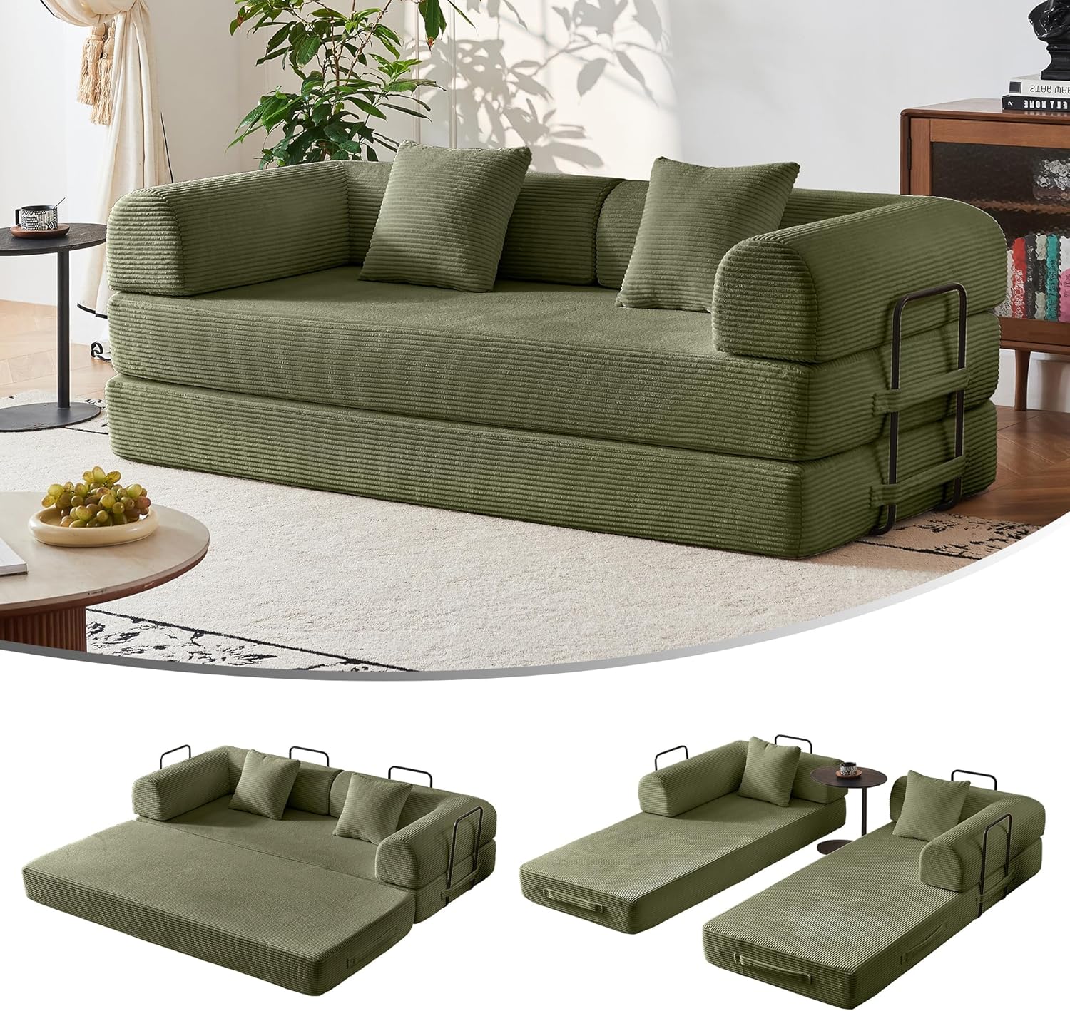 79'' Convertible Sofa Bed, 5-in-1 Folding Corduroy Sleeper Couch with Pull Out Bed, Oversized Modular Floor Sofa, No Assembly, Space-Saving Guest Bed for Apartment Living Room Bedroom (Light Green) | Convertible Sofa Bed