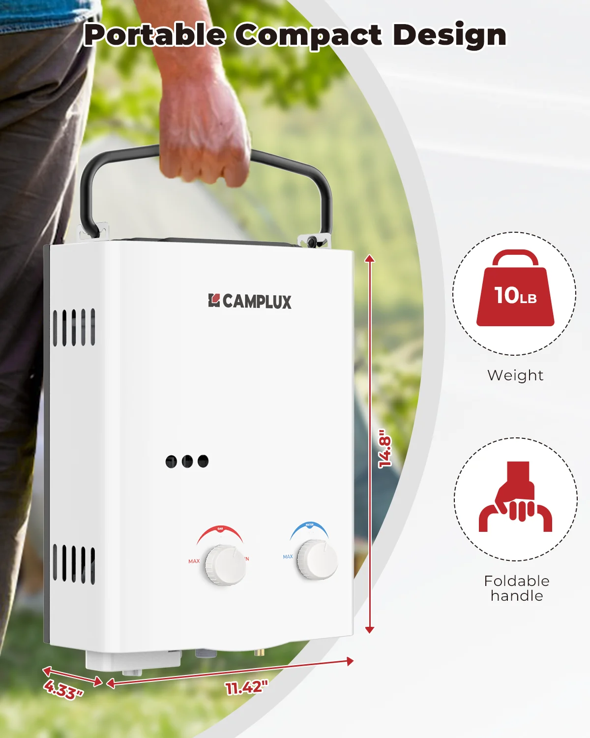 Portable 1.32 GPM 34,000 BTU Propane Tankless Water Heater for Outdoor(White) - Image 4
