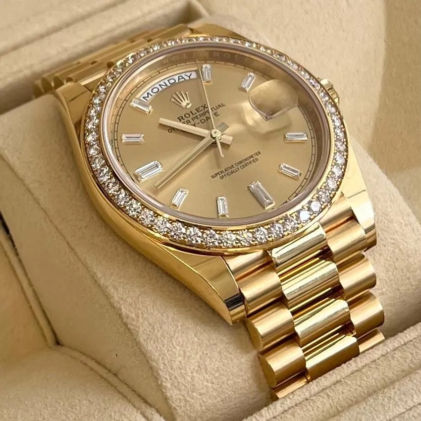 [Super Clone]RLX Day-Date 40mm Champagne Diamond Dial and Bezel Yellow Gold President Bracelet 228348RBR-0002