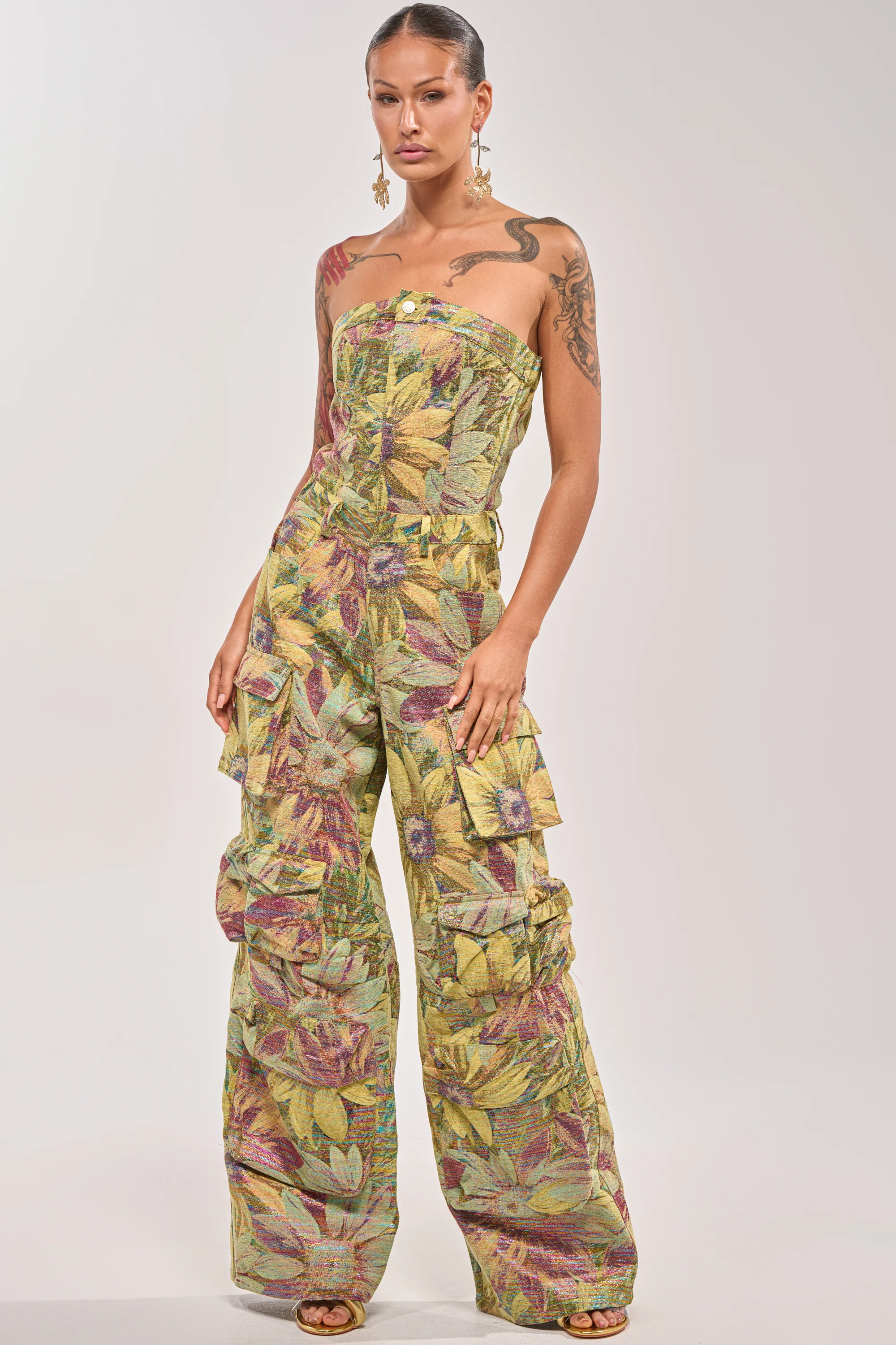 SMELL THE FLOWERS BROCADE STRAPLESS JUMPSUIT - Akira Store