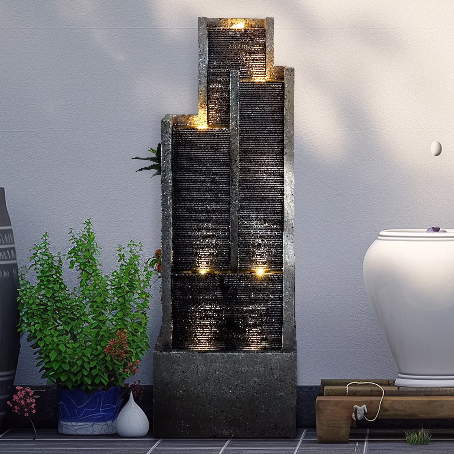 4-Tier Water Fountain with LED Lights  - 50.7 H Waterfall Fountain Indoor Outdoor Water Feature for Home, Patio, Garden