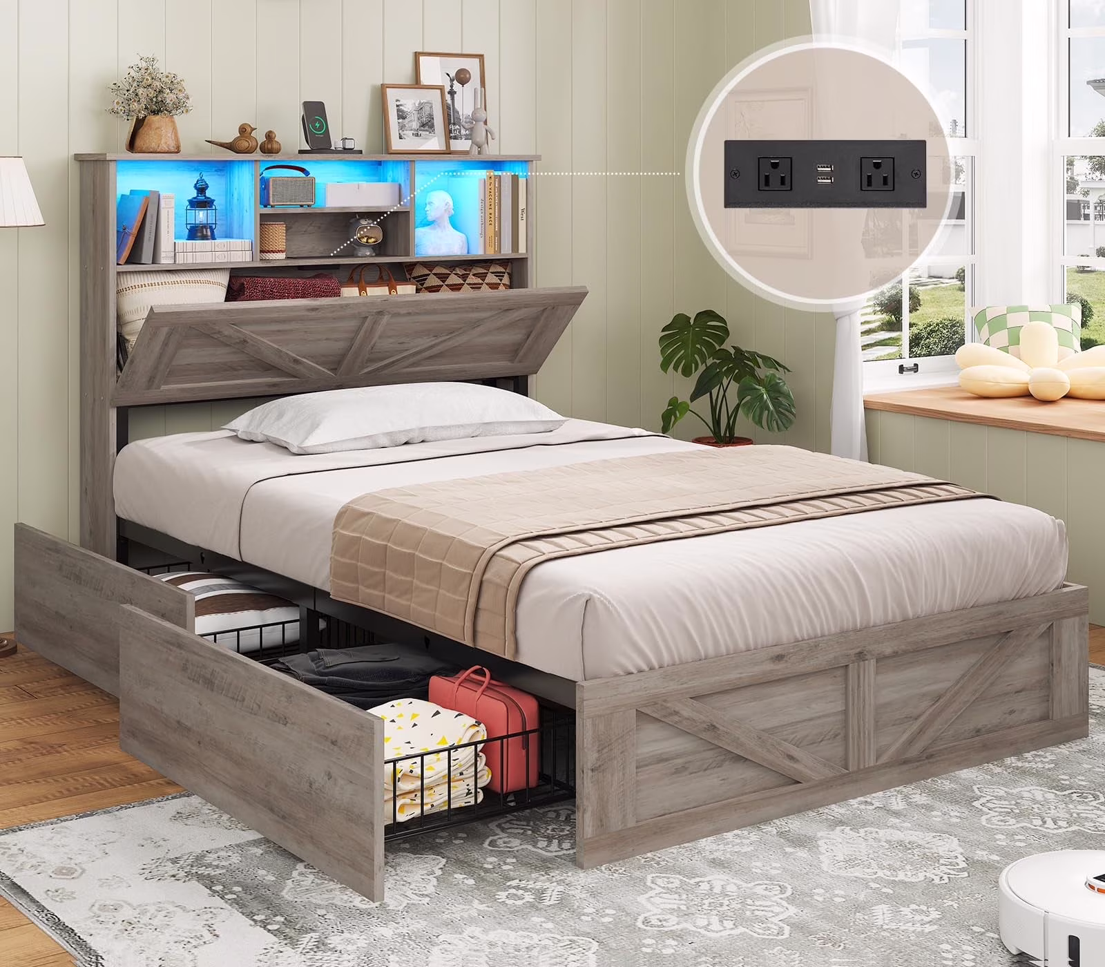 Twin Bed Frame with 4 Storage Drawers and Charging Station, Farmhouse Wooden Led Twin Bed with Storage Hidden Space Headboard and Metal Slats, Gray(Twin)