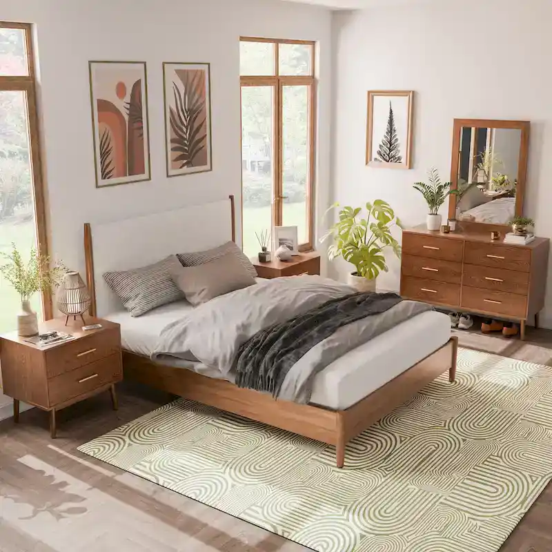 Beau Midcentury 5-Piece Queen Bedroom Set in Walnut by Furniture of America