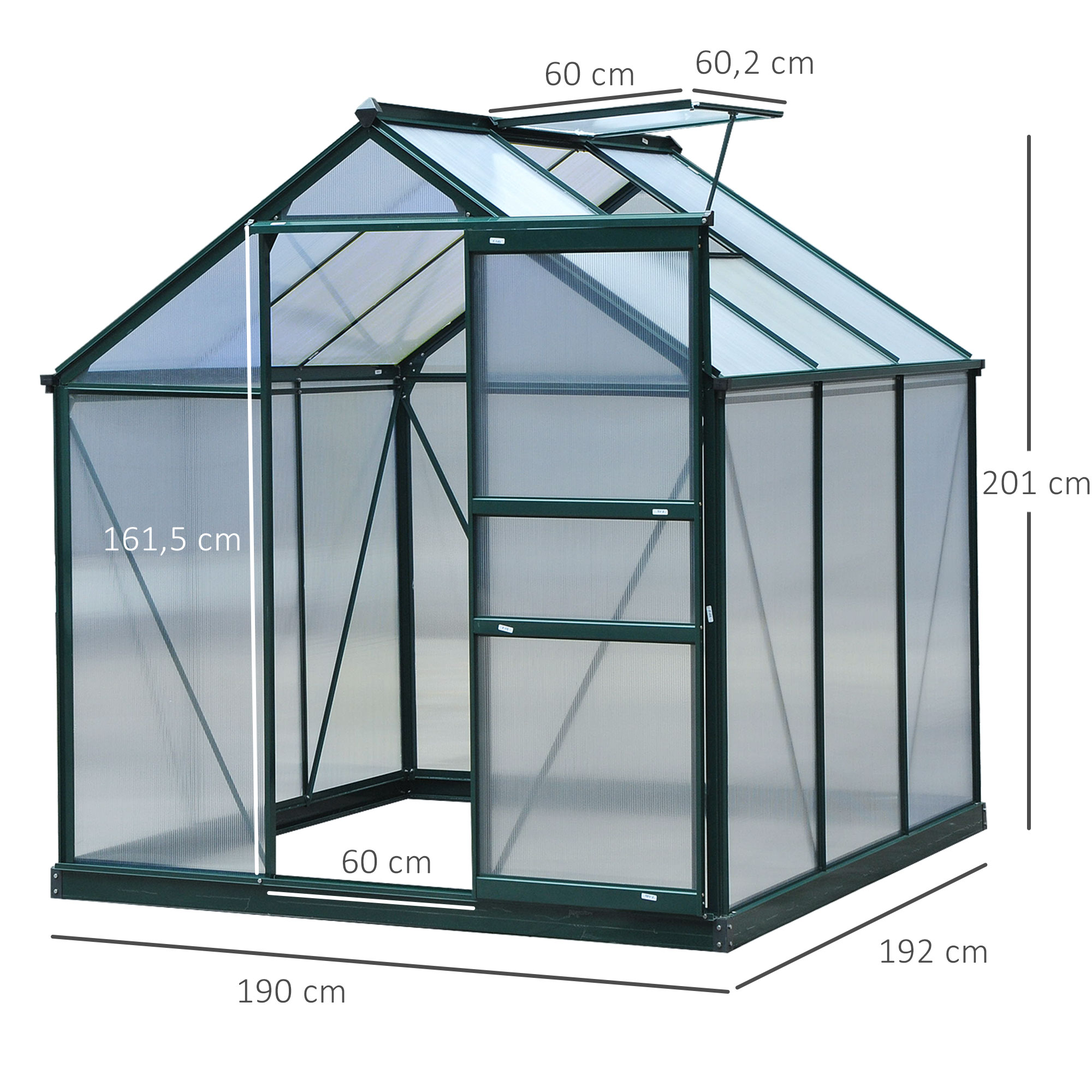 Outsunny aluminium kas met dakraam deur 190 x 192 x 201 cm, groen + transparant