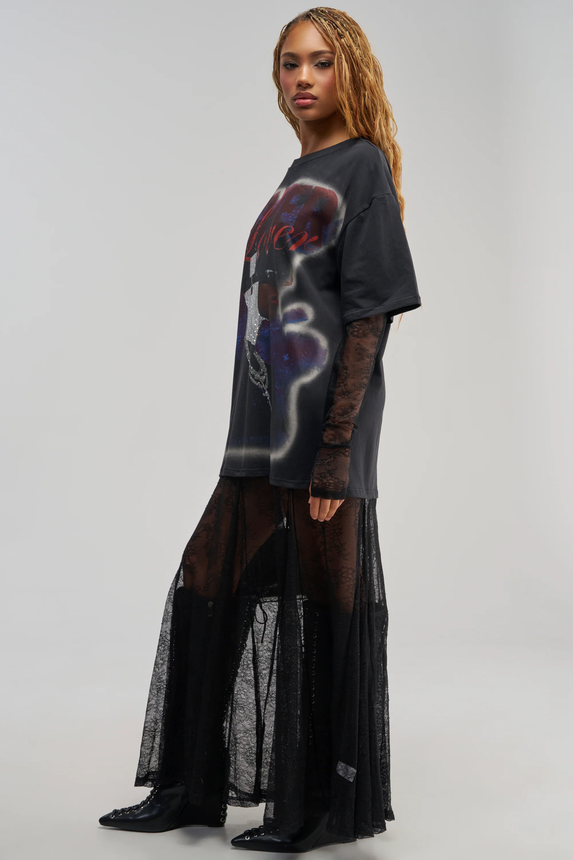GIRLY BUT NOT LAYERED LACE MIDI DRESS IN BLACK MULTI - Akira Store