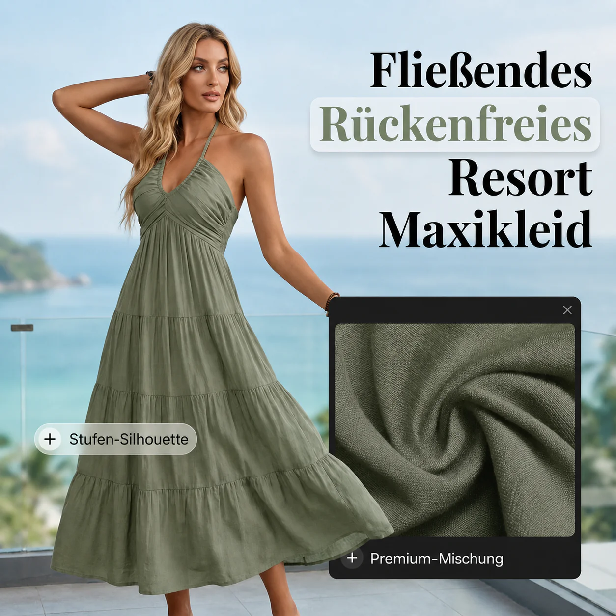 Robe longue dos nu à col halter avec drapés fluides