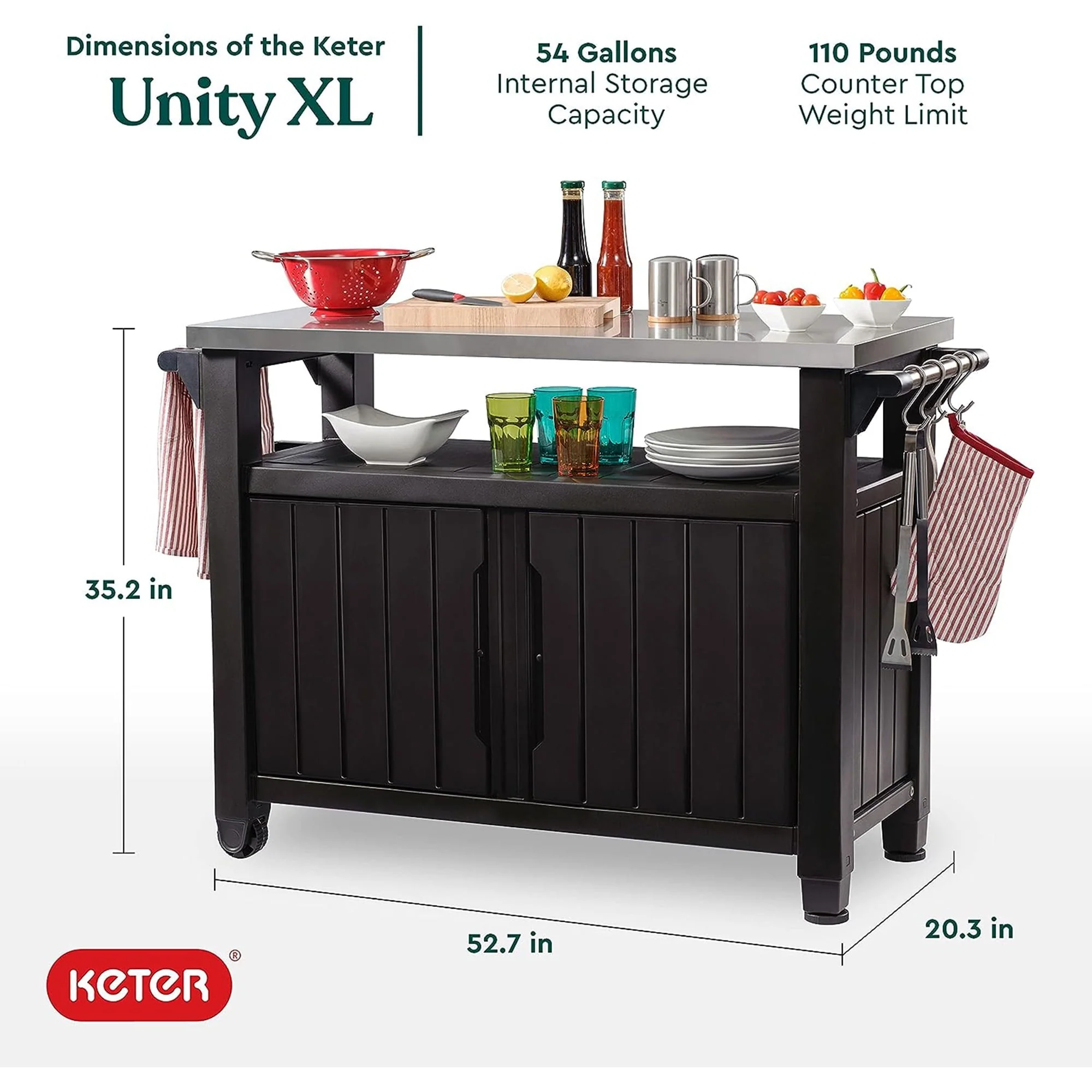 Keter Unity XL Outdoor Kitchen Bar Rolling Cart with Storage Cabinet, Brown(Stainless Steel) Image 4