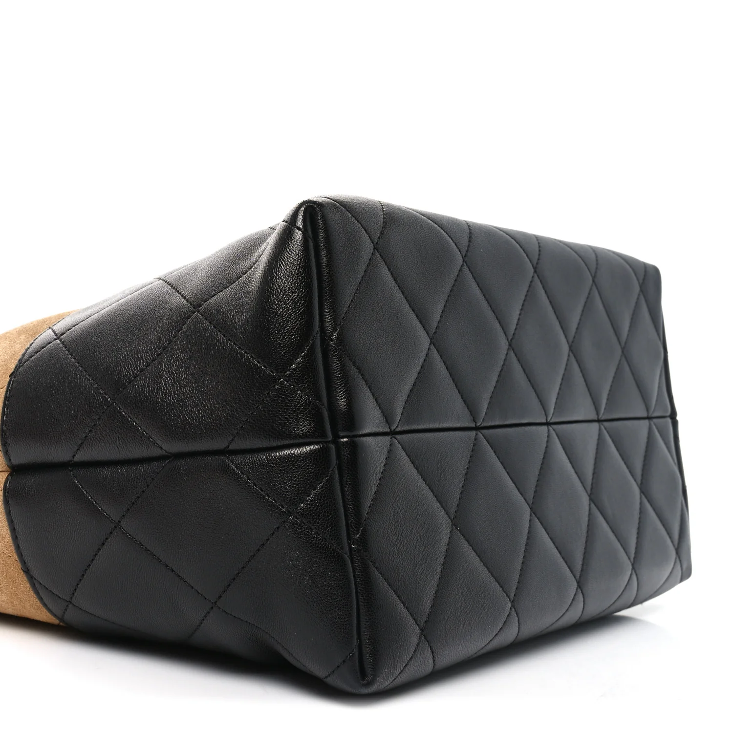 Suede Shiny Lambskin Quilted Large Shopping Bag Beige Black