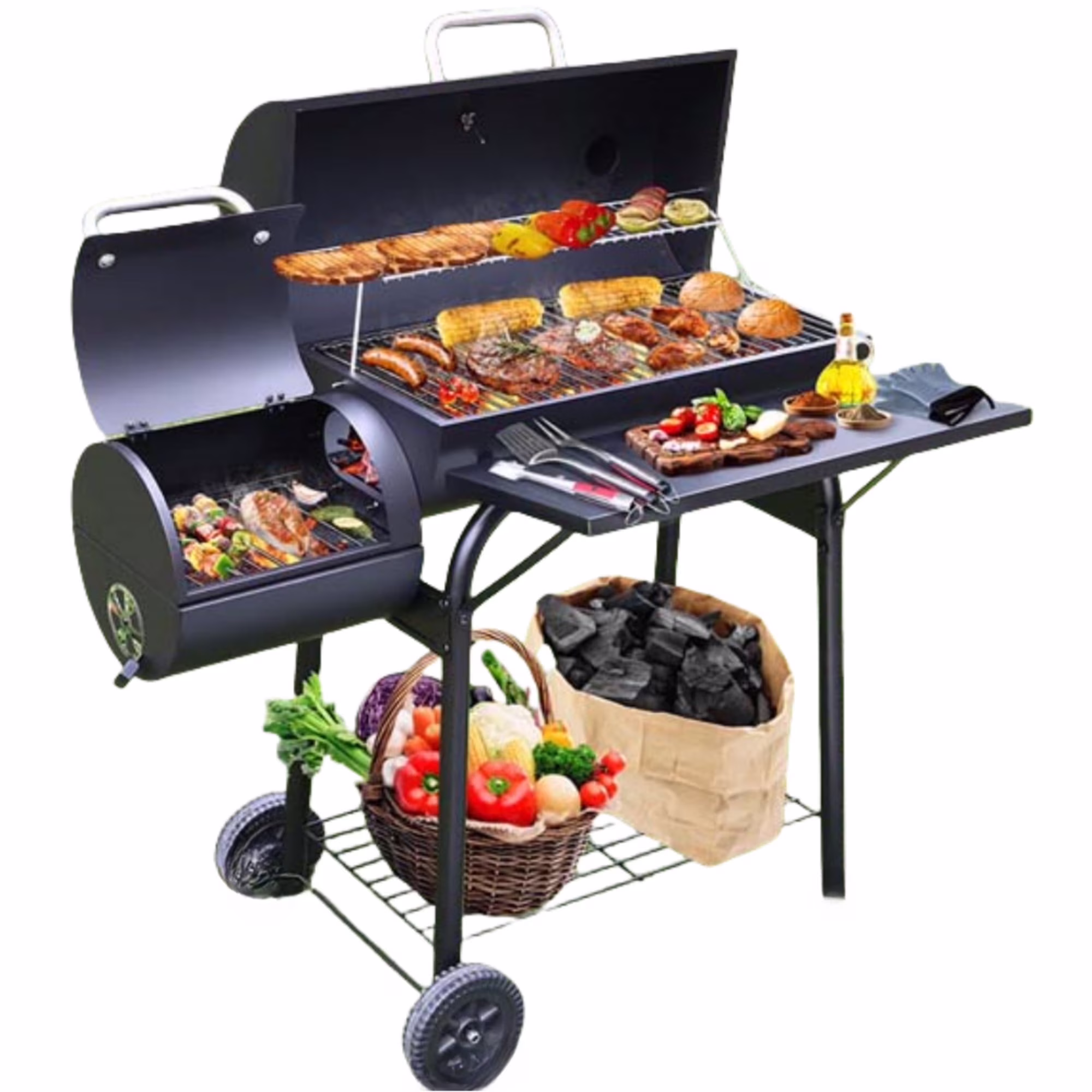 Charcoal Offset Smoker Grill Family-Size 4-6 Person BBQ with Temperature Control Portable Wheels(L)