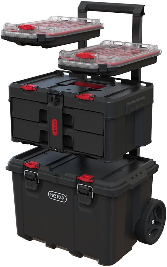 Organisateur d'outils modulaire pour le rangement dans le garage et le bricolage, système de boîte à outils roulante en résine en 3 pièces pour petites pièces