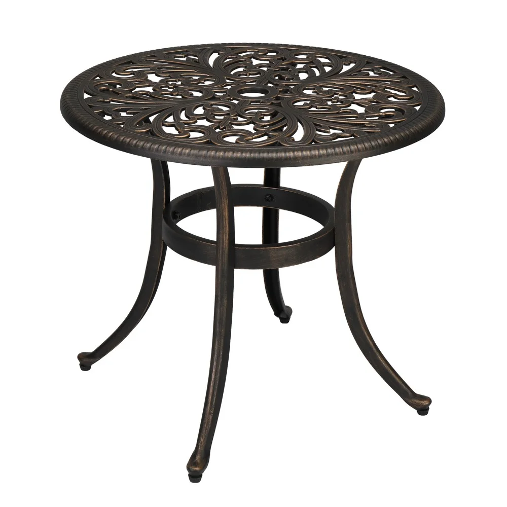 IVV 23.6 Cast Aluminum Round Side Table, All-Weather Accent Patio Coffee Table with 2 Umbrella Hole for Outdoor Bistro Porch Garden Lawn (Bronze)