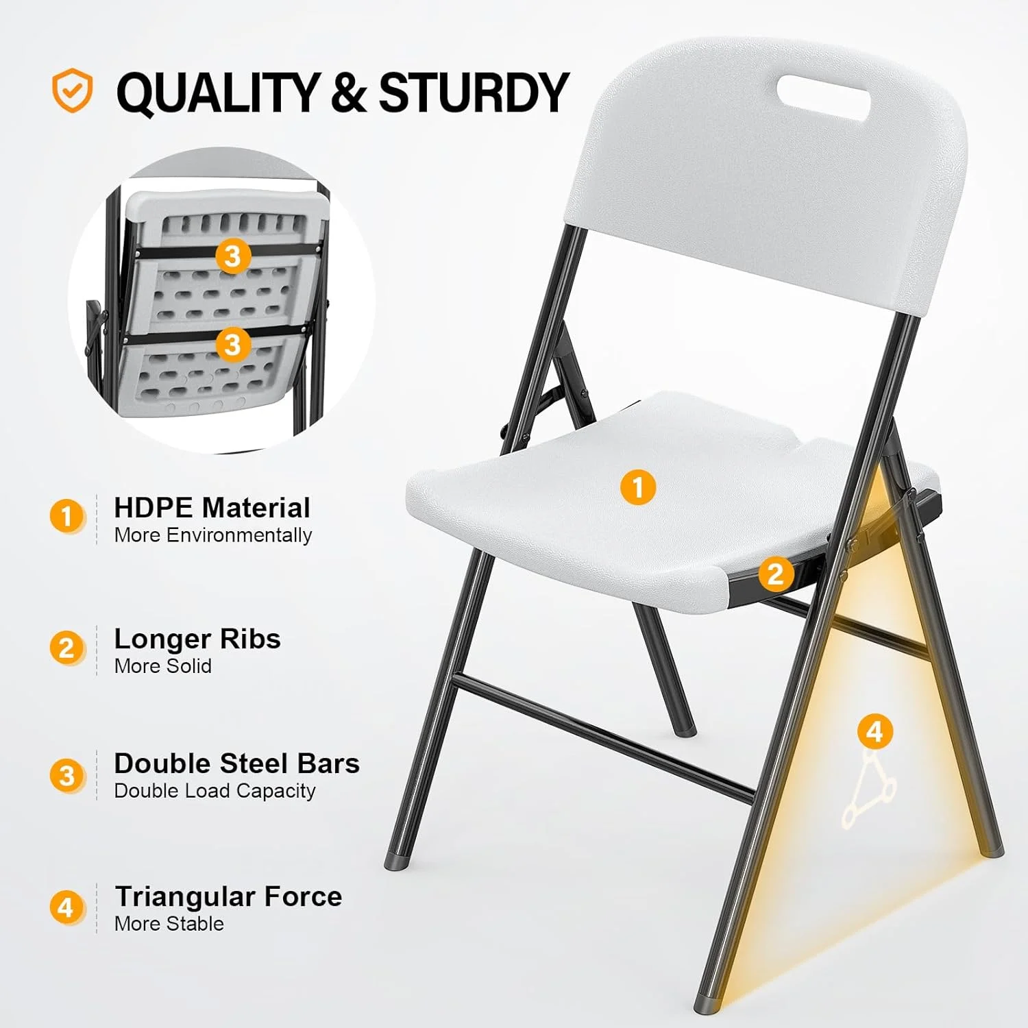 Folding Chairs, Heavy Duty Foldable Chair Portable HDPE Plastic Seat with Steel Frame for Indoor Outdoor Dinning Party Wedding School Use, White, 6 Pack(6 Pack/White) - Image 4