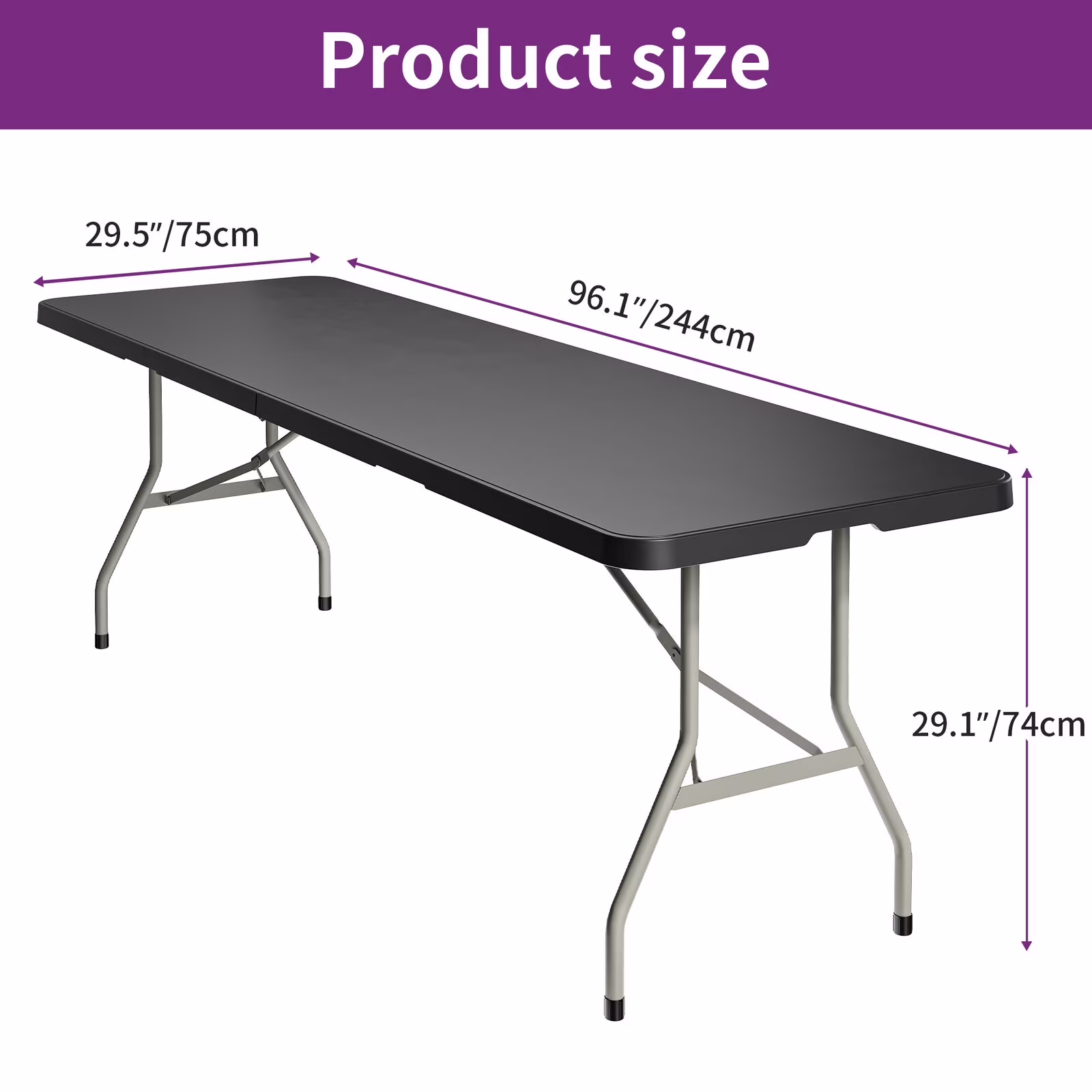 8ft Portable Outdoor Table, Folding Design for Easy Storage and Transport,Plastic Material,Perfect for Picnic, Party, Camp Dining,Also Suitable for Indoor Use, Sturdy and Spacious Tabletop Black(Black)