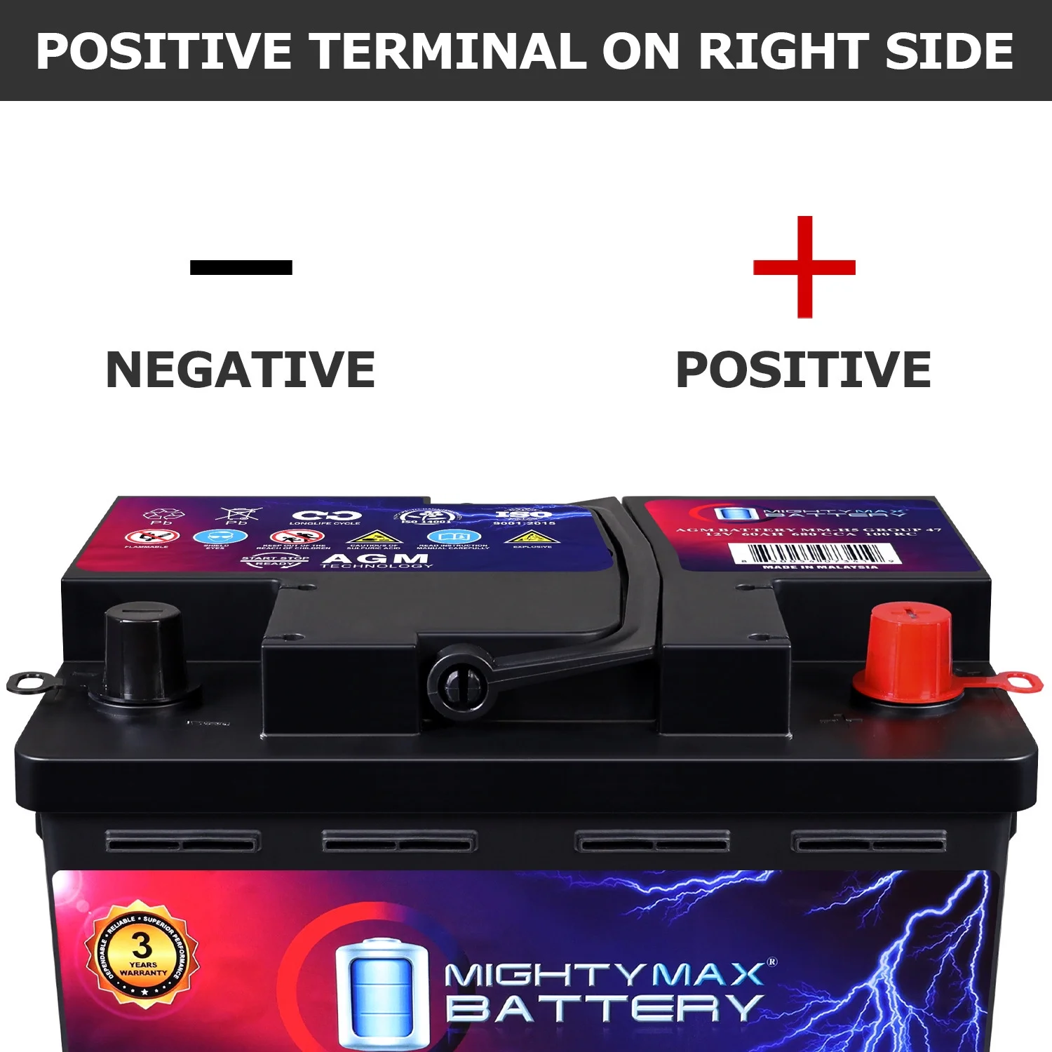 MM-H5 Start and Stop Car BCI Group Size 47 12V 60 AH, 100RC, 680 CCA Rechargeable AGM Car Battery(47) - Image 4