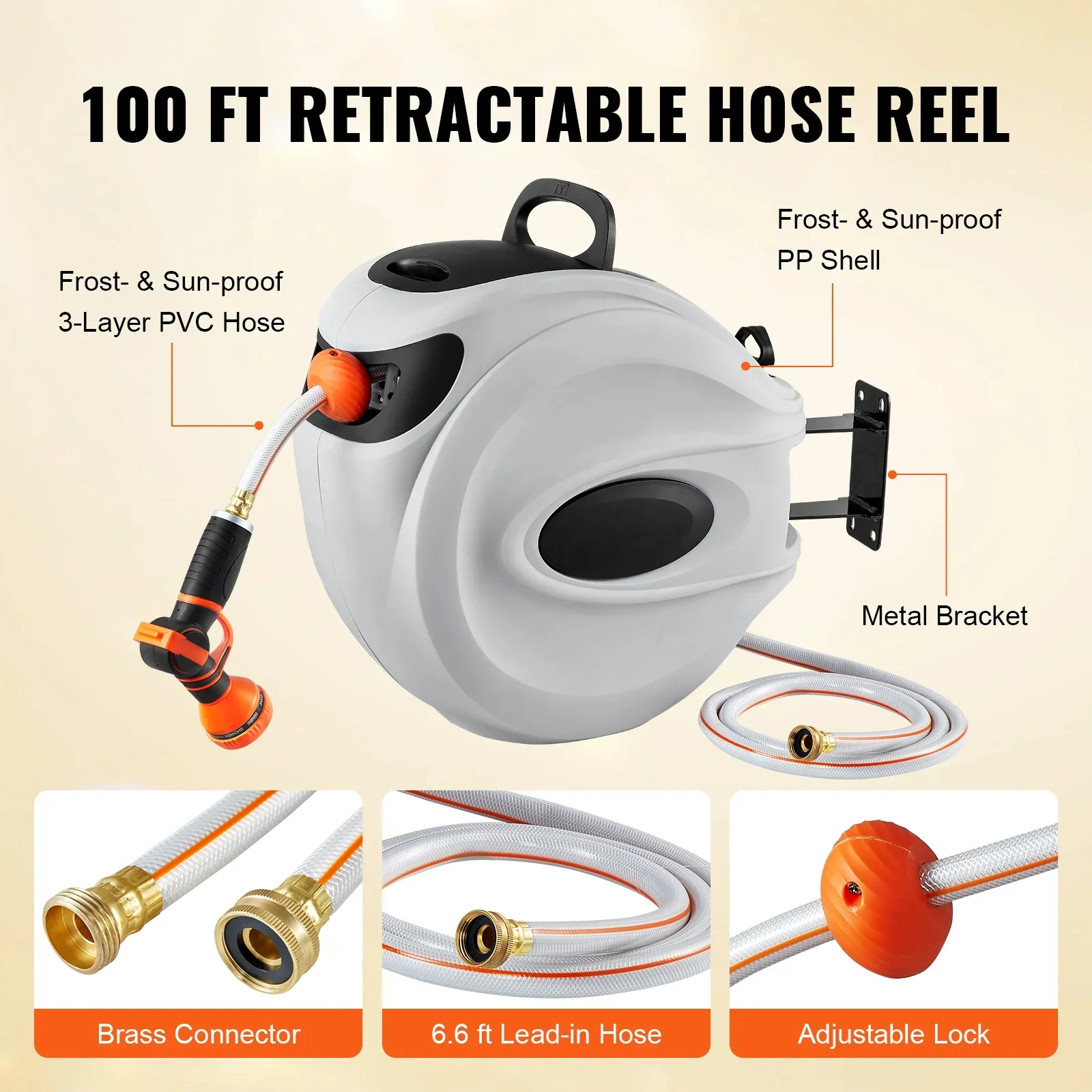 BENTISM Retractable Hose Reel, 115 ft x 1/2 inch, 180�� Swivel Bracket Wall-Mounted, Garden Water Hose Reel with 9-Pattern Nozzle, Automatic Rewind, Lock at Any Length, and Slow Return System