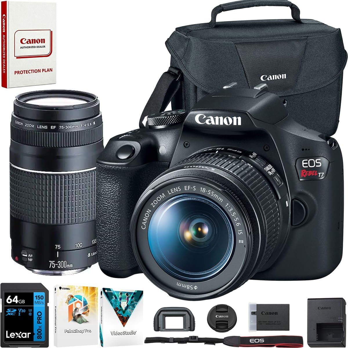 Canon EOS Rebel T7 DSLR Camera with EF18-55mm + EF 75-300mm Double Zoom Kit 2727C021 Bundle with Lexar Premium 64GB SDXC Memory Card  Deco Essentials Camera Bag and Corel Photo Video Suite