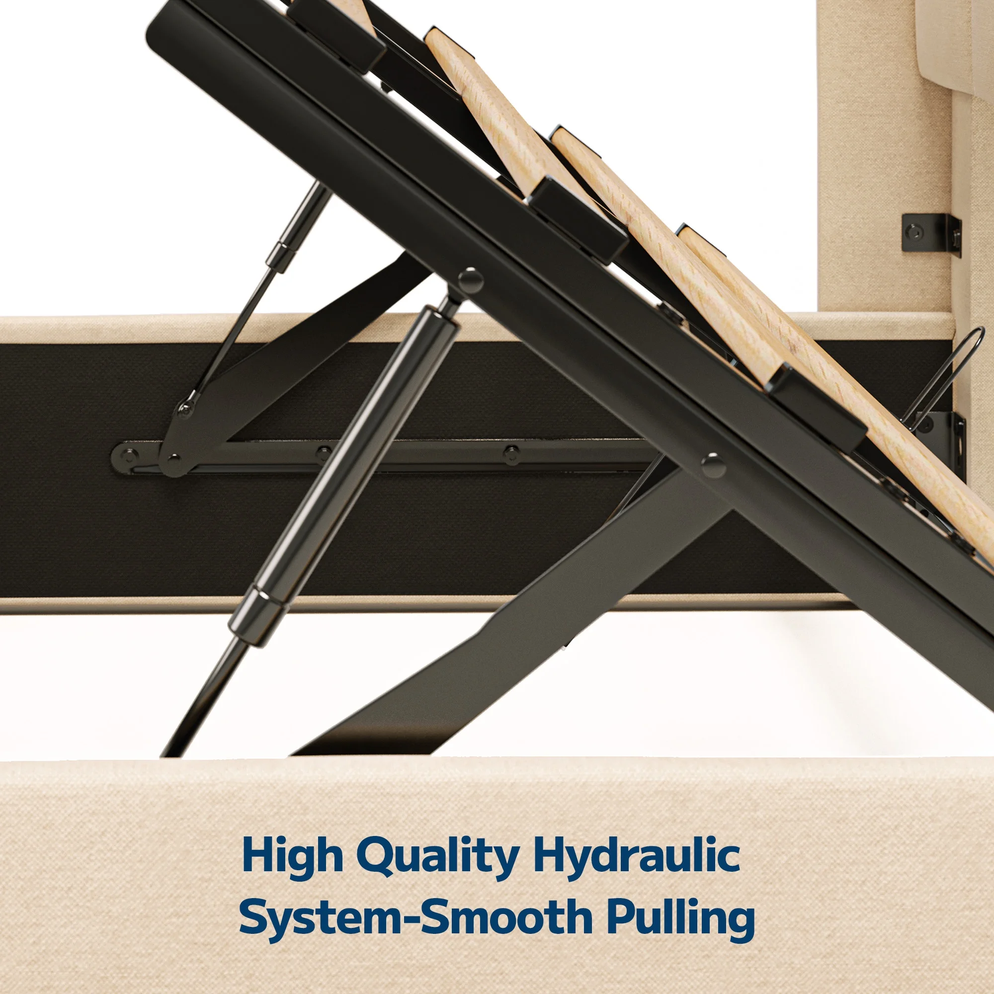 Queen Storage Bed Frame with Hydraulic Lift, Upholstered Headboard Wood Slats, Beige(Queen/Beige) - Image 10