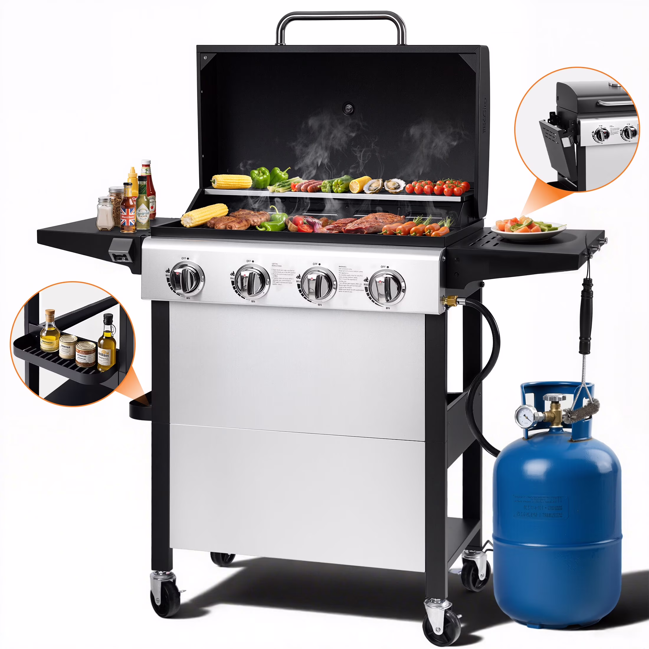 3 Burner Propane Gas Grill, 40,000BTU Stainless Steel BBQ Grill with Brush, Built-in Thermometer, 4 Universal Wheels for Outdoor Cooking Patio Backyard(40010) - Image 5