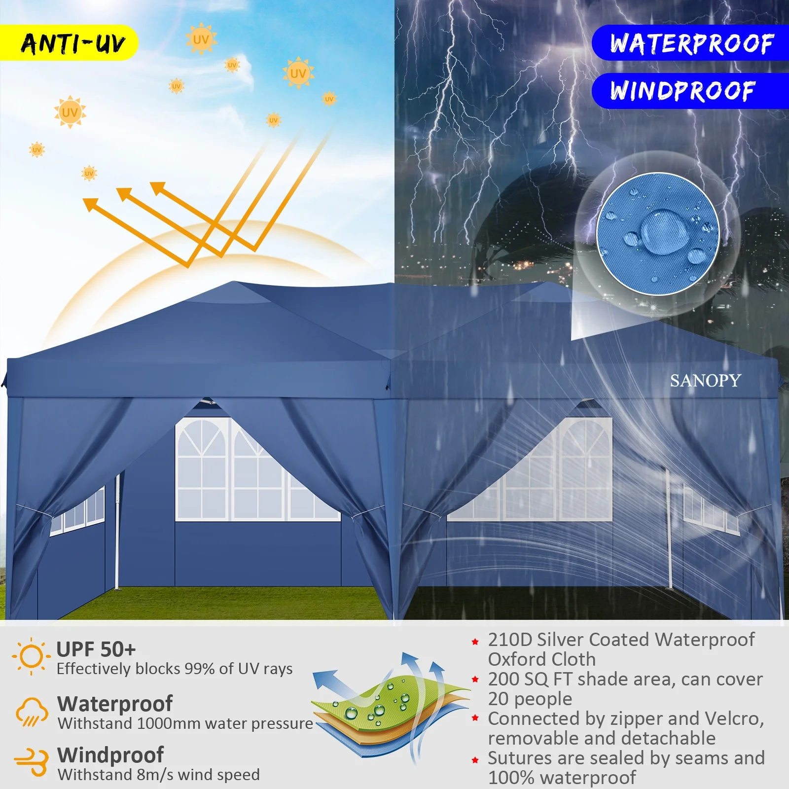 10' x 20' Pop Up Canopy Tent, Instant Outdoor Party Canopy, Straight Leg Shelter, Adjustable Height Waterproof Gazebo with Carrying Bag for Party Wedding Picnic Tent(10' x 20'/Blue) Image 10