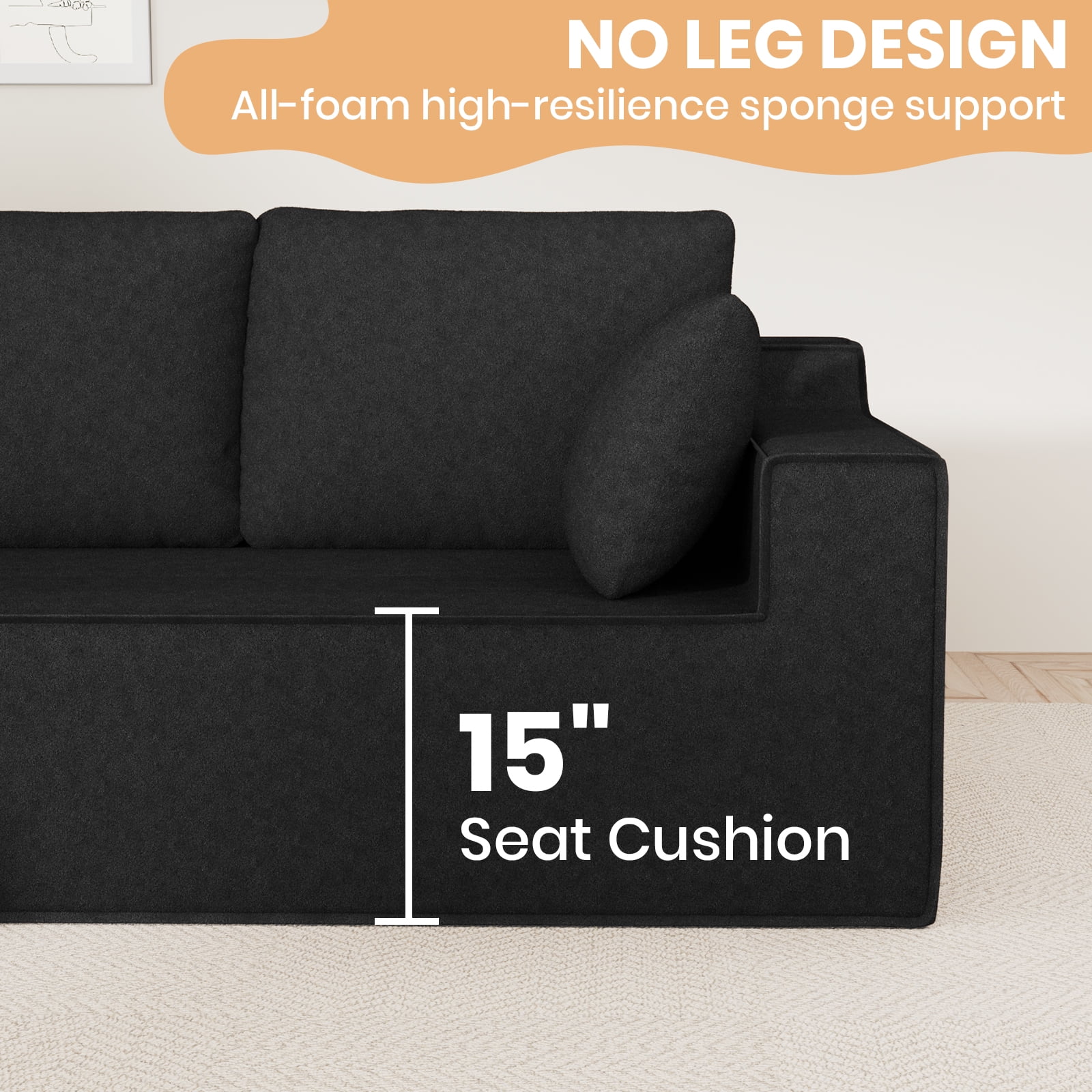 Modular Sectional Sofa for Living Room, 104" L-Shape Boneless Cloud Couch with Oversized Chaise, Right Chaise, Black, 3 Seat, Microfiber Fabric(Black-Microfiber) - Image 6