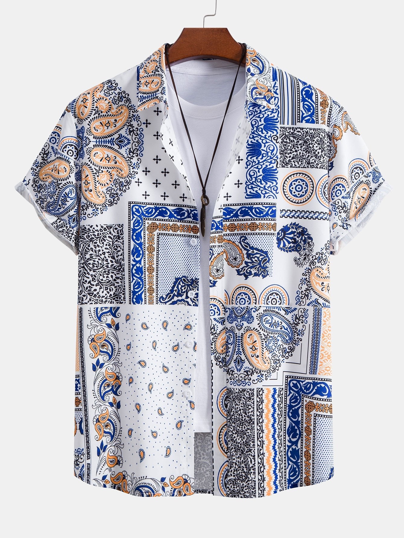 Chemise boutonnée à imprimé patchwork cachemire et short de bain