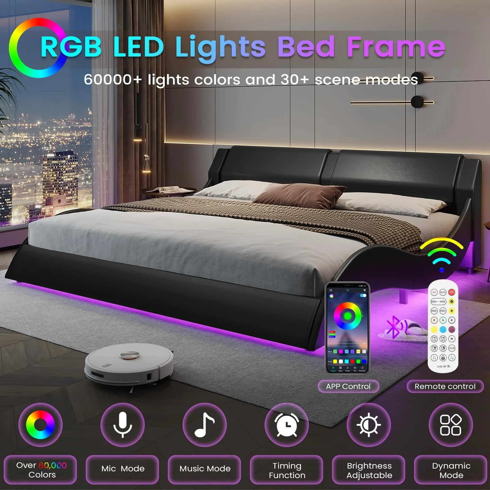 Queen Size Bed Frame with LED Lights,Modern Platform Bed Frame with Upholstered Headboard,Faux Leather Wave Like Low Profile Bed Frame,No Box Spring Needed,Black(Full Black) Image 8