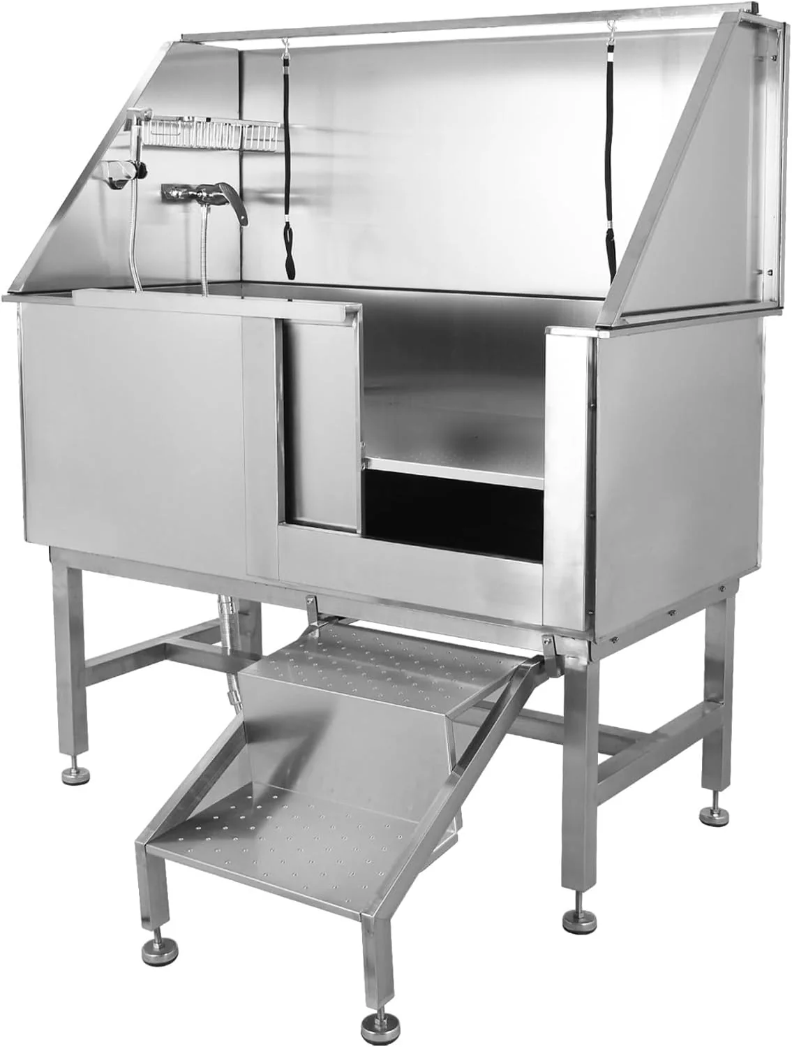 Baignoire pour chien de 127 cm (50 po), station de lavage pour animaux de compagnie, baignoire de toilettage professionnelle en acier inoxydable avec rampe, robinet, douchette, kit de vidange et porte à droite.