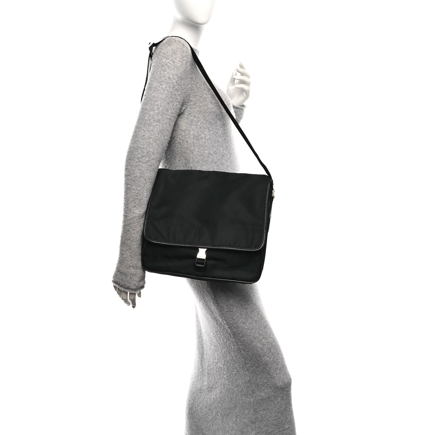 Tessuto Nylon Saffiano Single Snap Buckle Flap Messenger Bag Black