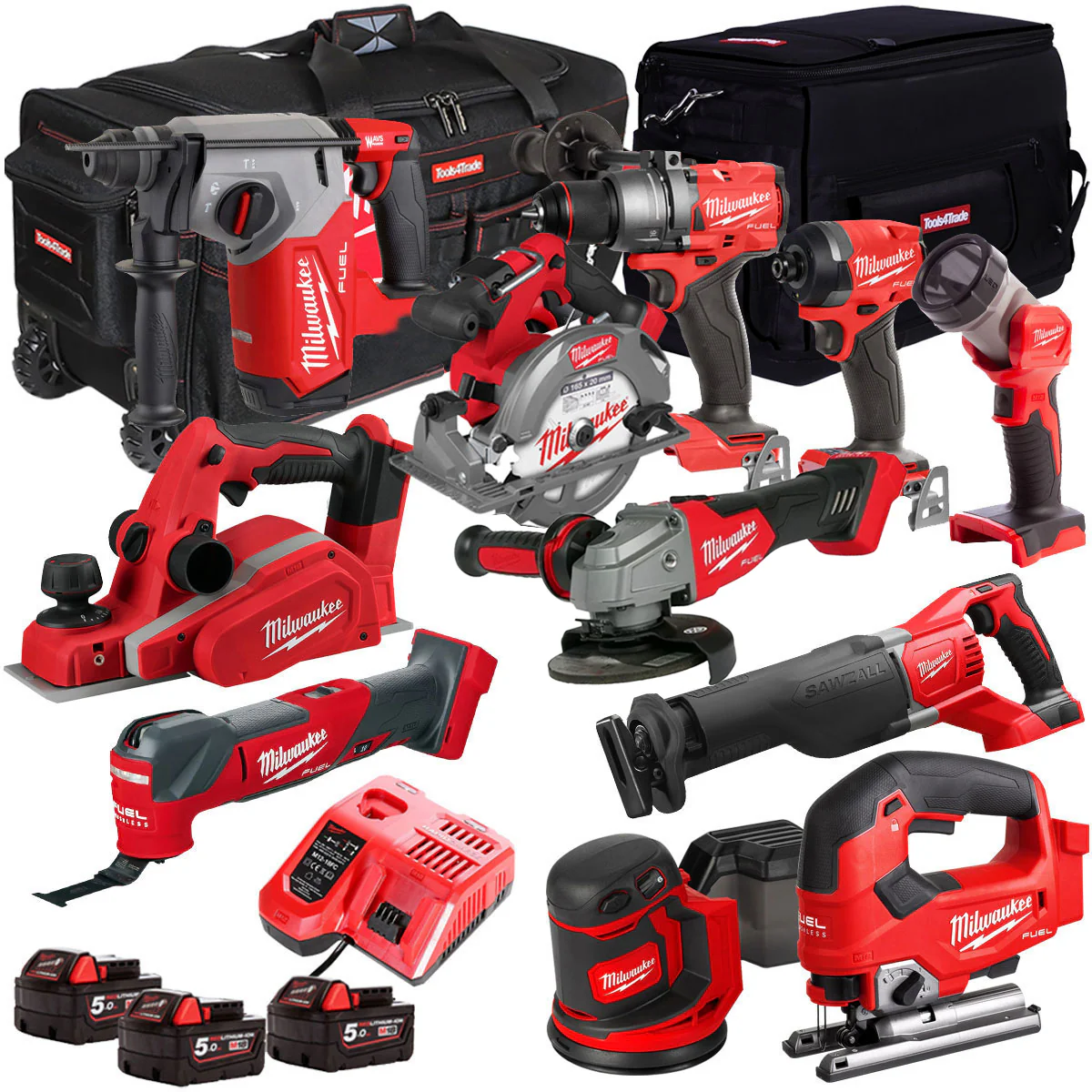Ensemble d'outils sans fil Milwaukee 18 V de 11 pièces avec 3 batteries de 5,0 Ah et chargeur dans un sac T4TM-9