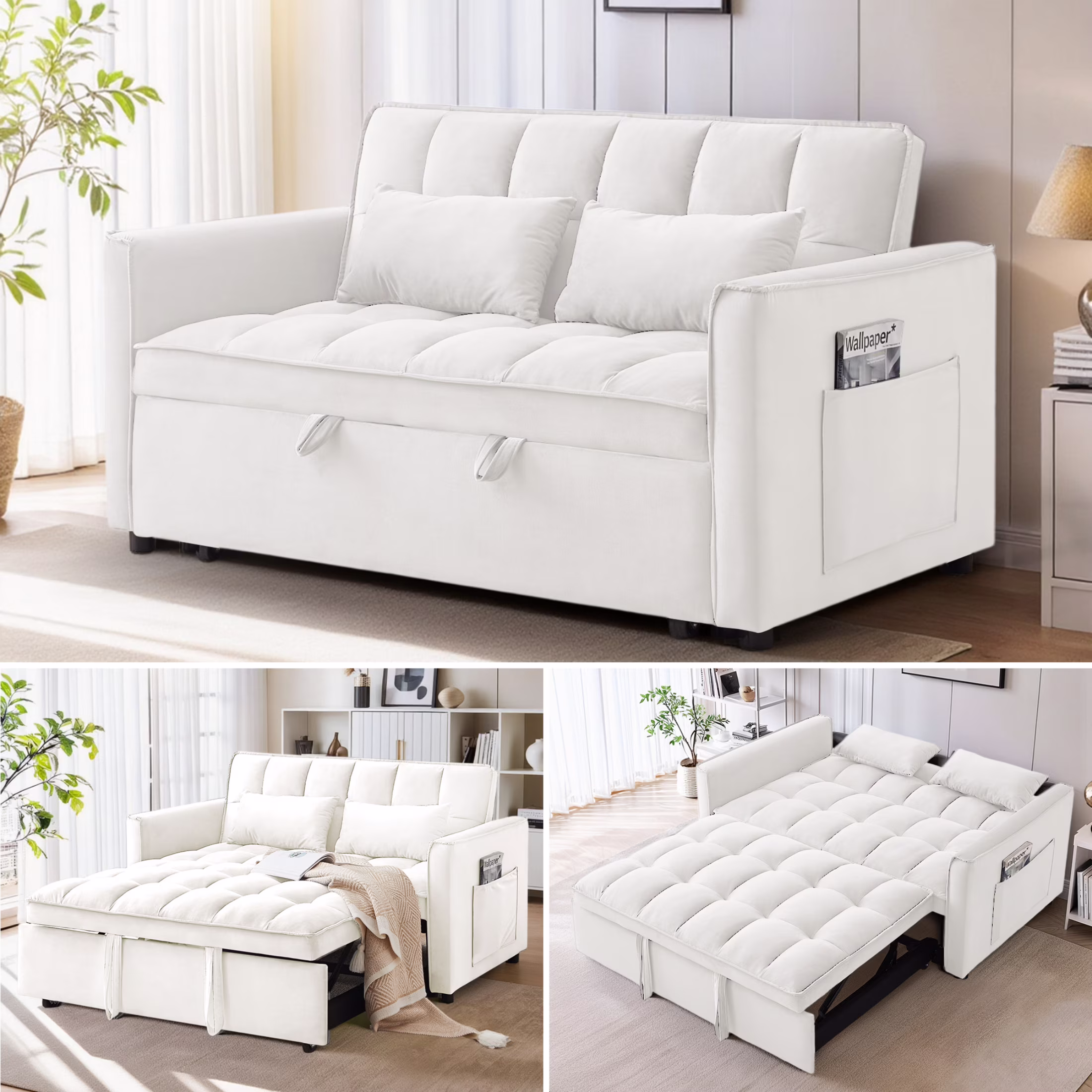 Convertible Sofa Bed, 3 in 1 Pull Out Sleeper Loveseat Couch with Storage, Black(Black) - Image 7