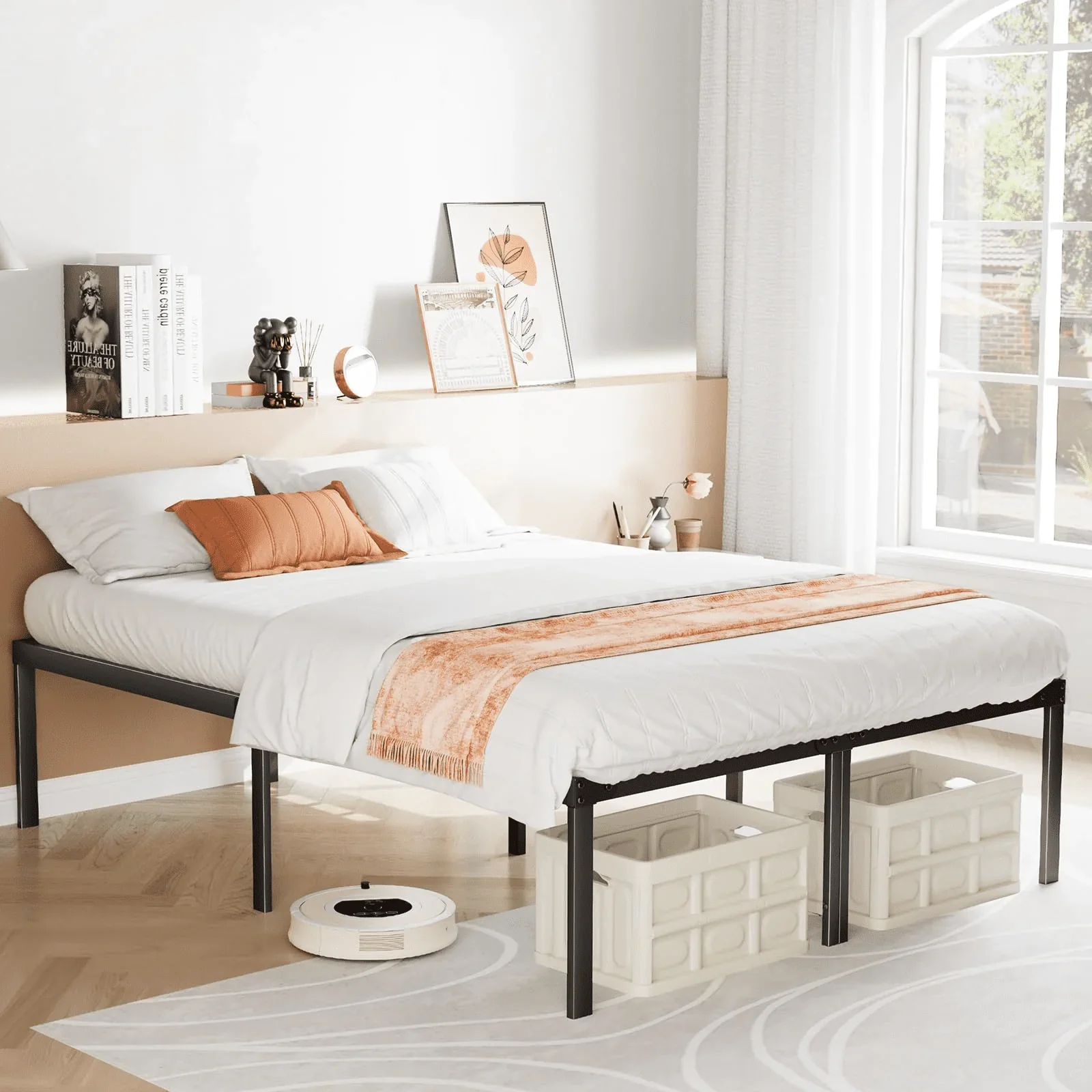 ZUNMOS Queen Bed Frame, Heavy Duty Metal Platform with Storage Space Under Frame, 14 Inches No Box Spring Needed Queen Size Bed Frame, Black