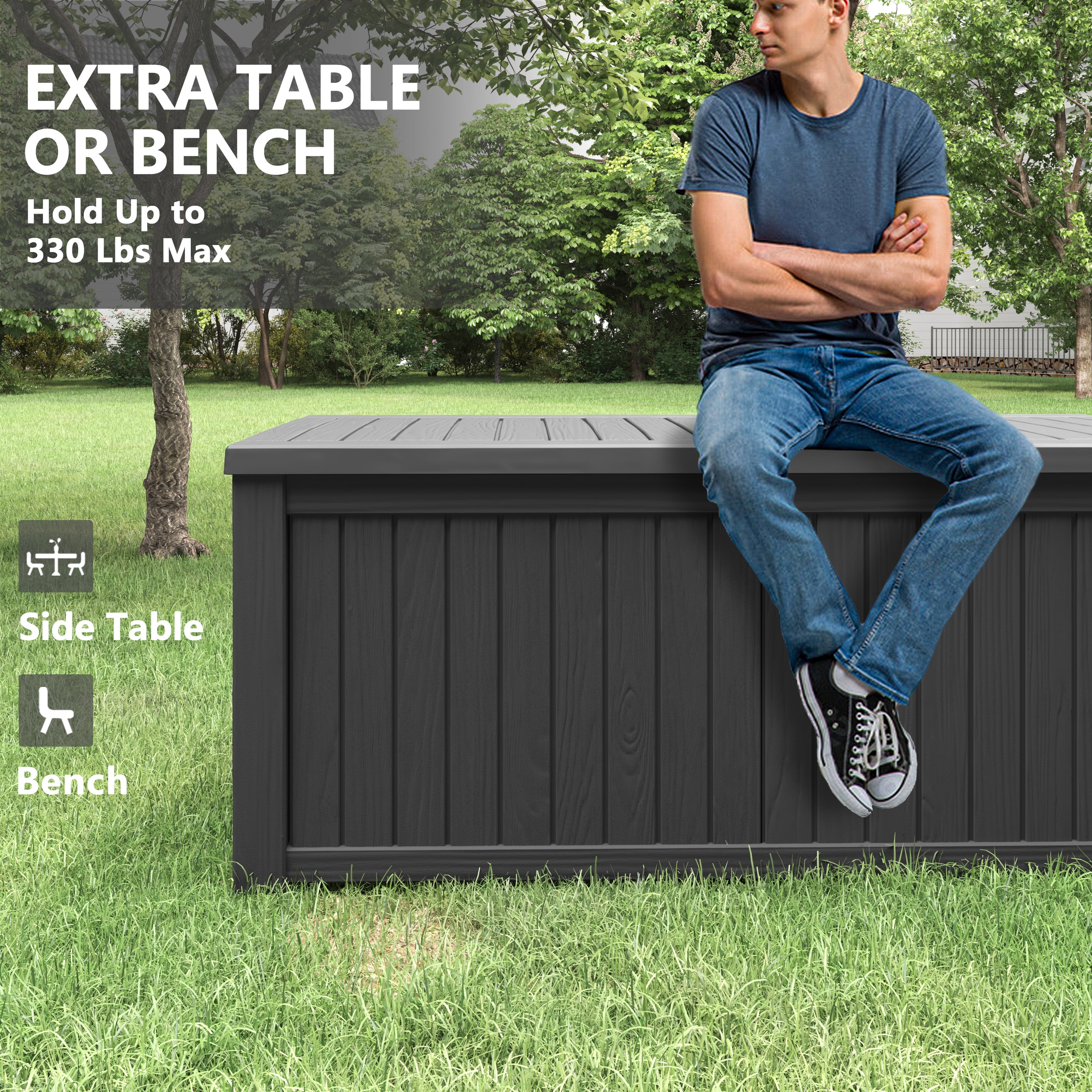 150 Gallon Deck Box, Outdoor Storage Box, Large Waterproof Resin Indoor Storage Box with Built-in Steel Beams for Patio, Cushions, Pool Supplies(150 gal/Black) - Image 4