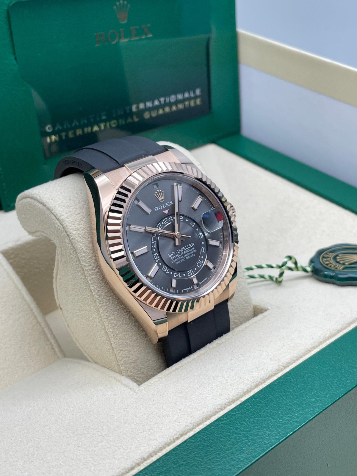 [Super Clone]RLX  Sky-Dweller 42mm Rose Gold Slate Dial Oysterflex - 336235