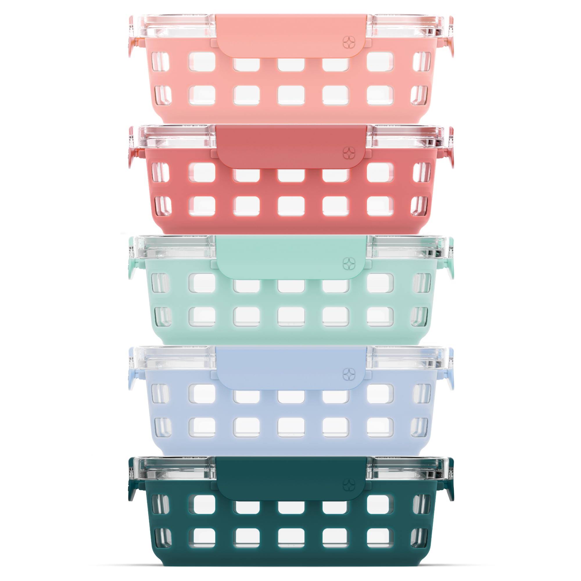Ello Duraglass 3.4 Cup Meal Prep Sets 10pc, 5 Pack Set- Glass Food Storage Container with Silicone Sleeve and Airtight BPA-Free Plastic Lids, Dishwas