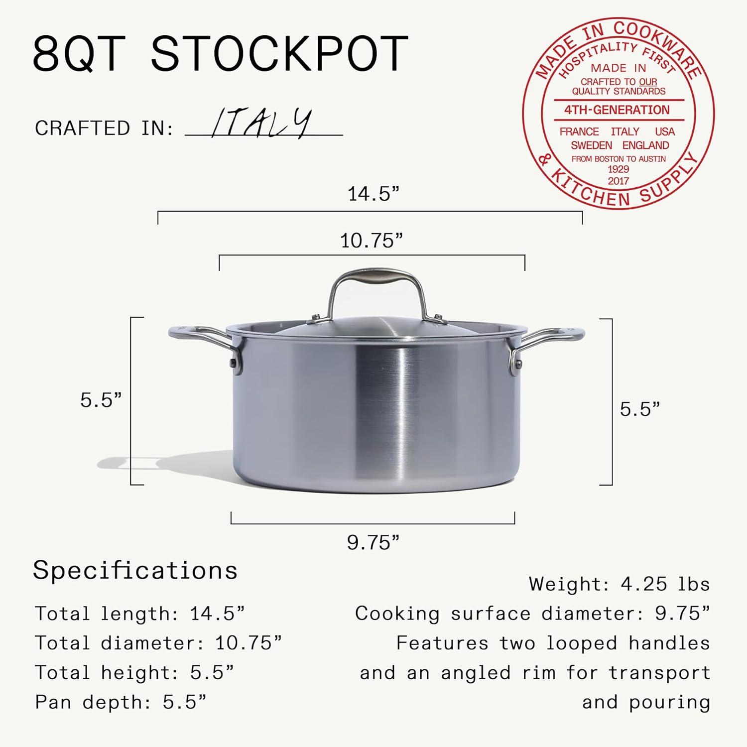 Made In Cookware | 8 Quart Stainless Steel Stock Pot With Lid | 5 Ply Stainless Clad | Professional Cookware | Crafted in Italy | Induction Compatible