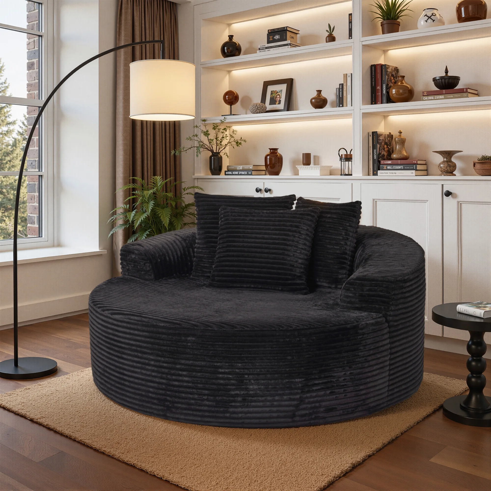 58'' Oversized Chaise Lounge Indoor Chair Modern Cloud Floor Sofa Bed Comfy Upholstered Sleeper Couch Deep Seat Accent Reading Chair for Living Room, Bedroom, No Assembly, Black(Plush Corduroy)(Black (Plush Corduroy)) - Image 2