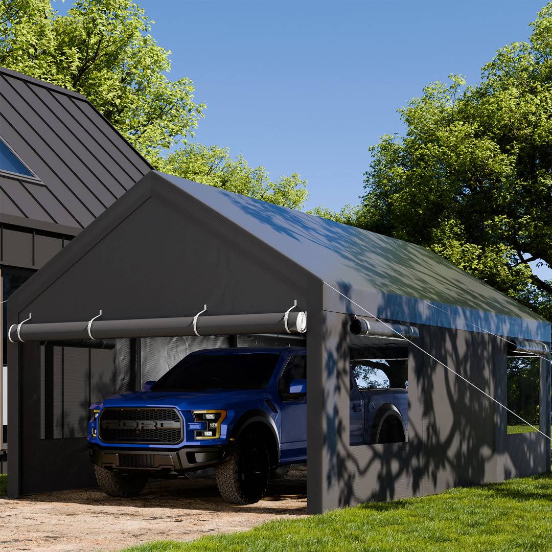 Walsunny Carport 12x18.5 ft Heavy Duty Car Canopy with Roll-Up Windows Portable Garage with Removable Sidewalls & Doors(12�G20 ft/Gray)
