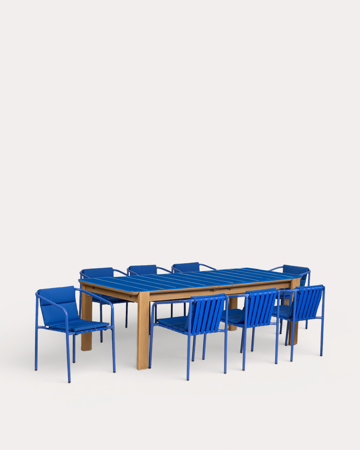 Set Ubel - Vinke - Set de Mesa Extensible Rectangular (225-330x100 cm) Ubel y 8 Sillas con Reposabrazos de Metal y Tela Vinke de Exterior
