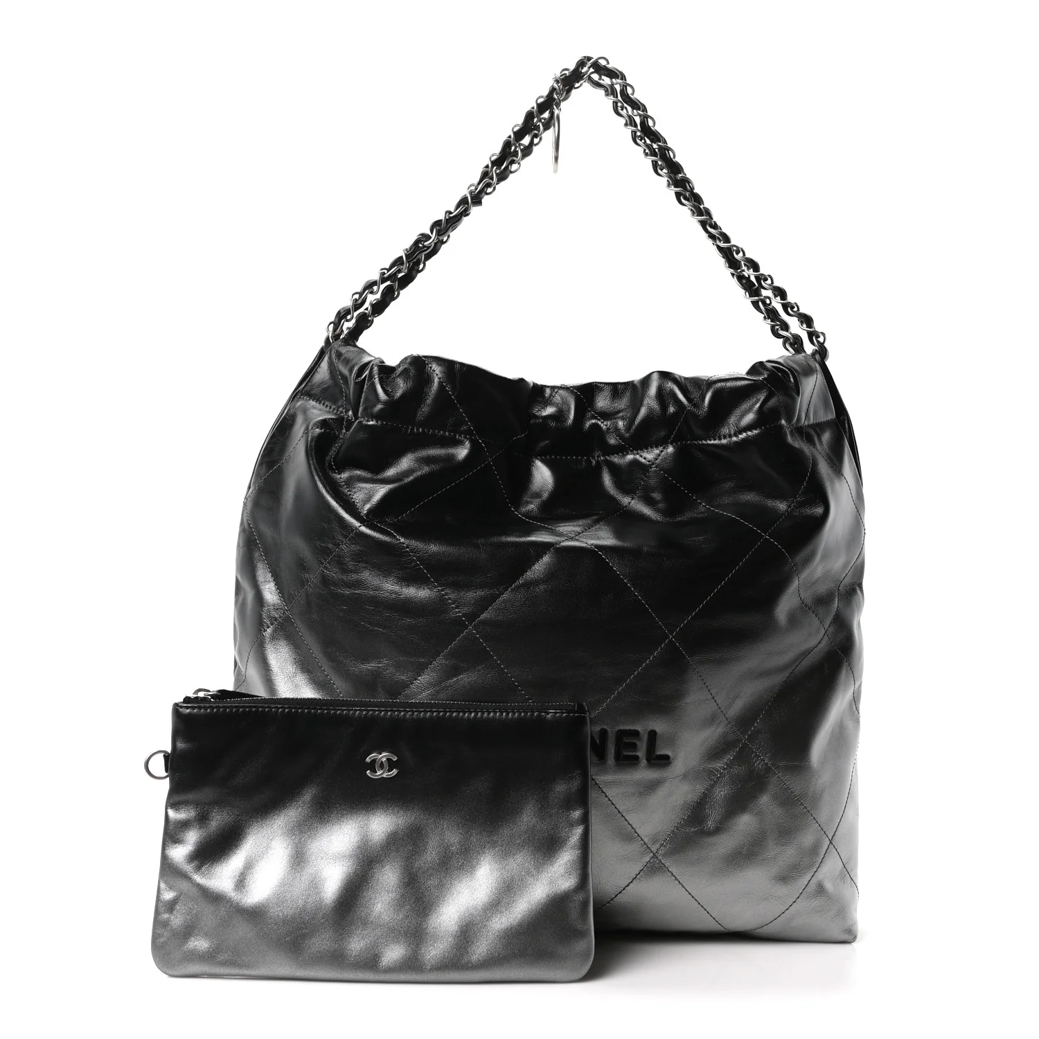 Metallic Shaded Calfskin Quilted Chanel 22 Black Silver