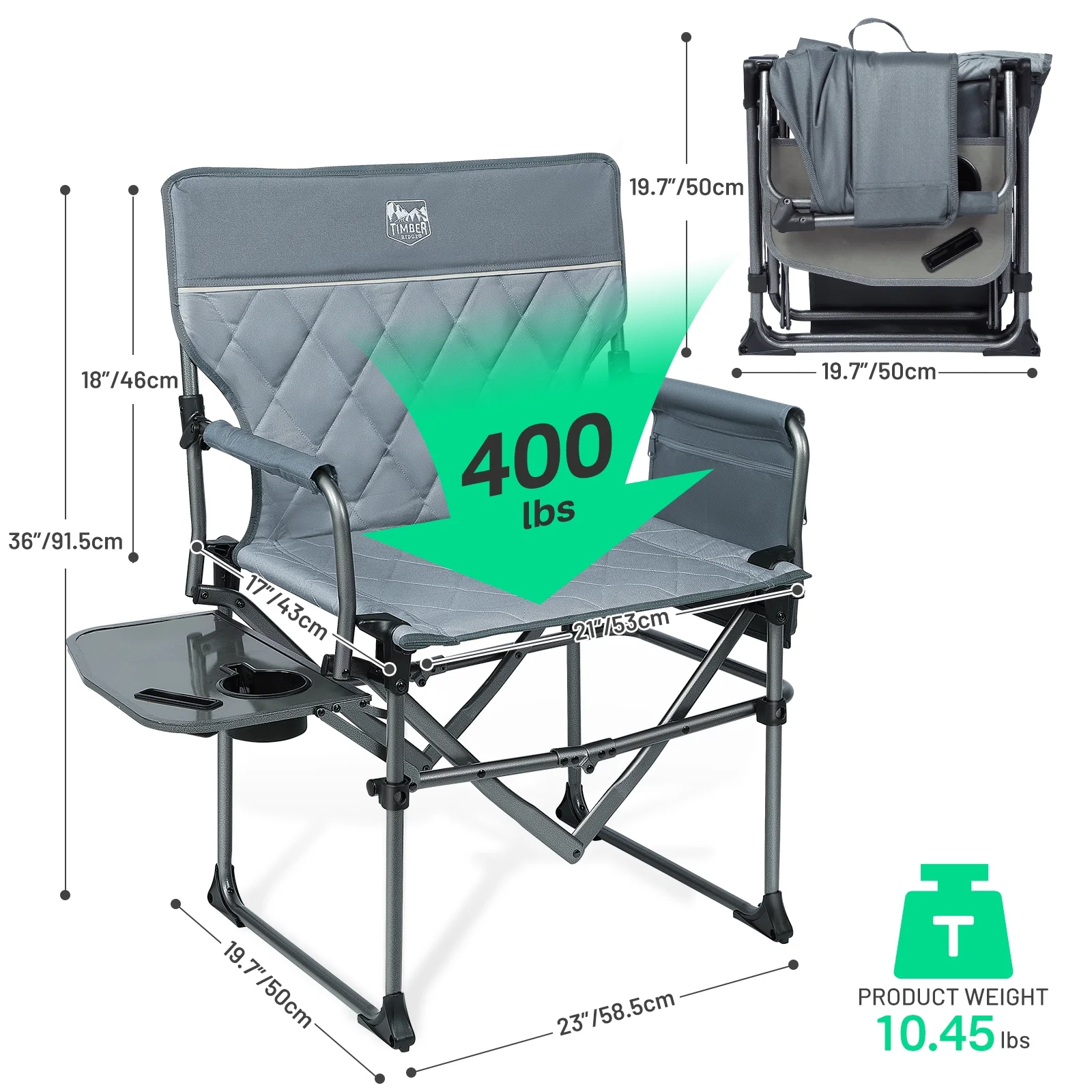 TIMBER RIDGE Portable Director Chair, Heavy Duty Camping Folding Chair with Compact Size with Side Pocket and Side Table, Support 400 lbs, Grey(1/Gray) - Image 9