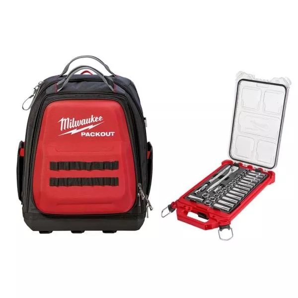 Coffret d'outils de mécanicien PACKOUT (32 pièces) avec cliquet et douilles métriques à entraînement 3/8 po, sac à dos de 15 po et étui PACKOUT.