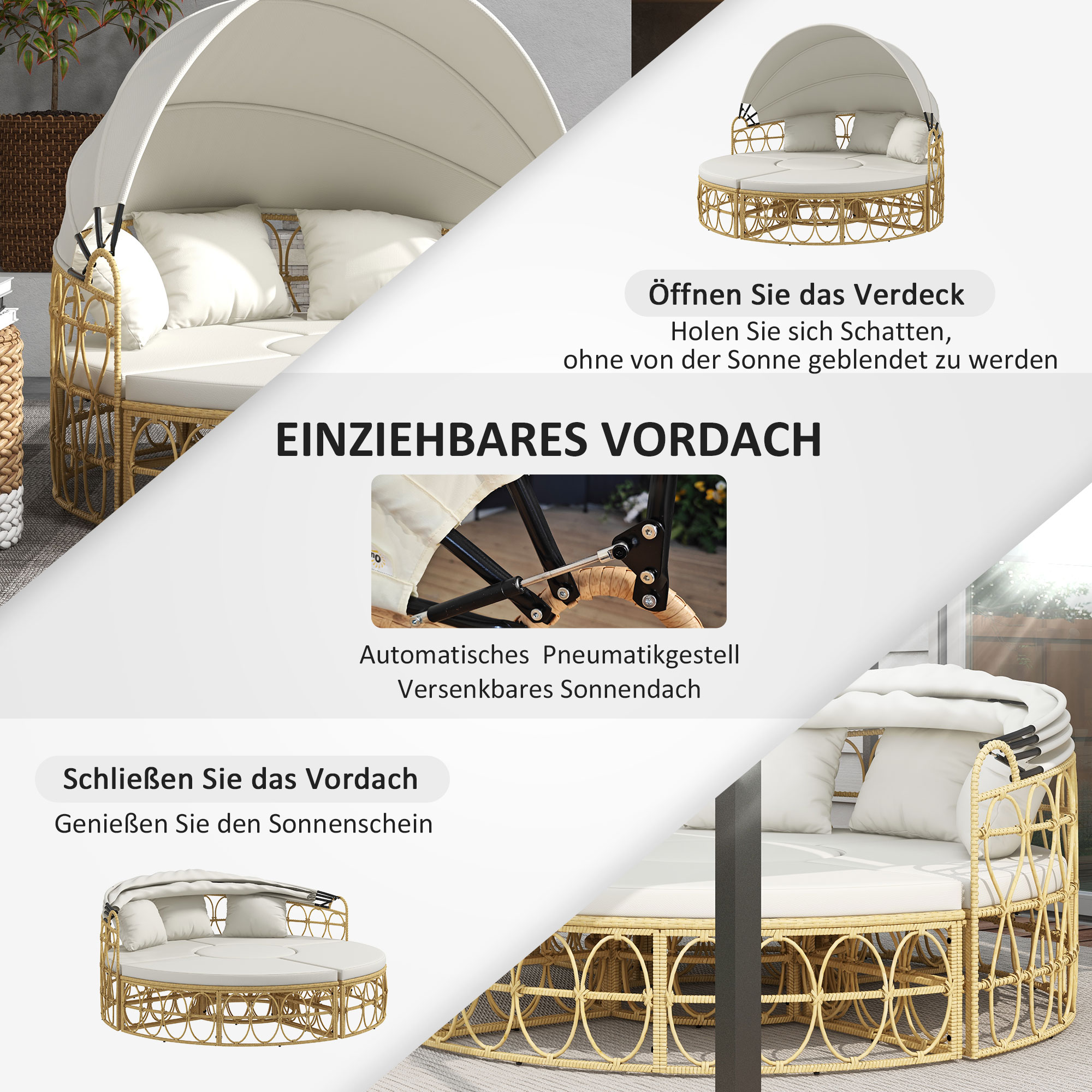 Outsunny Loungeset met uitschuifbaar dak, 4-delig, inclusief 5 kussens, rattanlook, 178B x 85T x 66,5H cm, beige