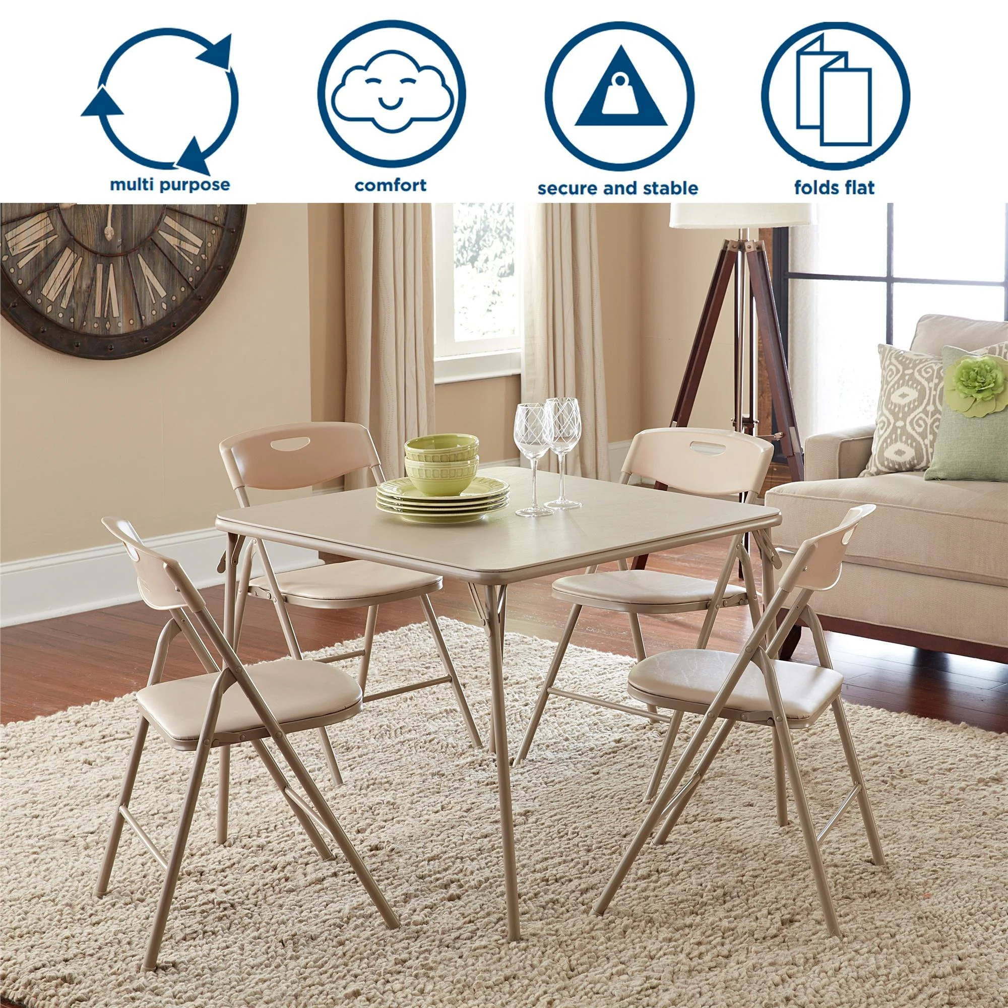 34" Folding Card Table and 4 Resin Folding Chairs with Seatback Handles, Antique Linen(Antique Linen) - Image 4