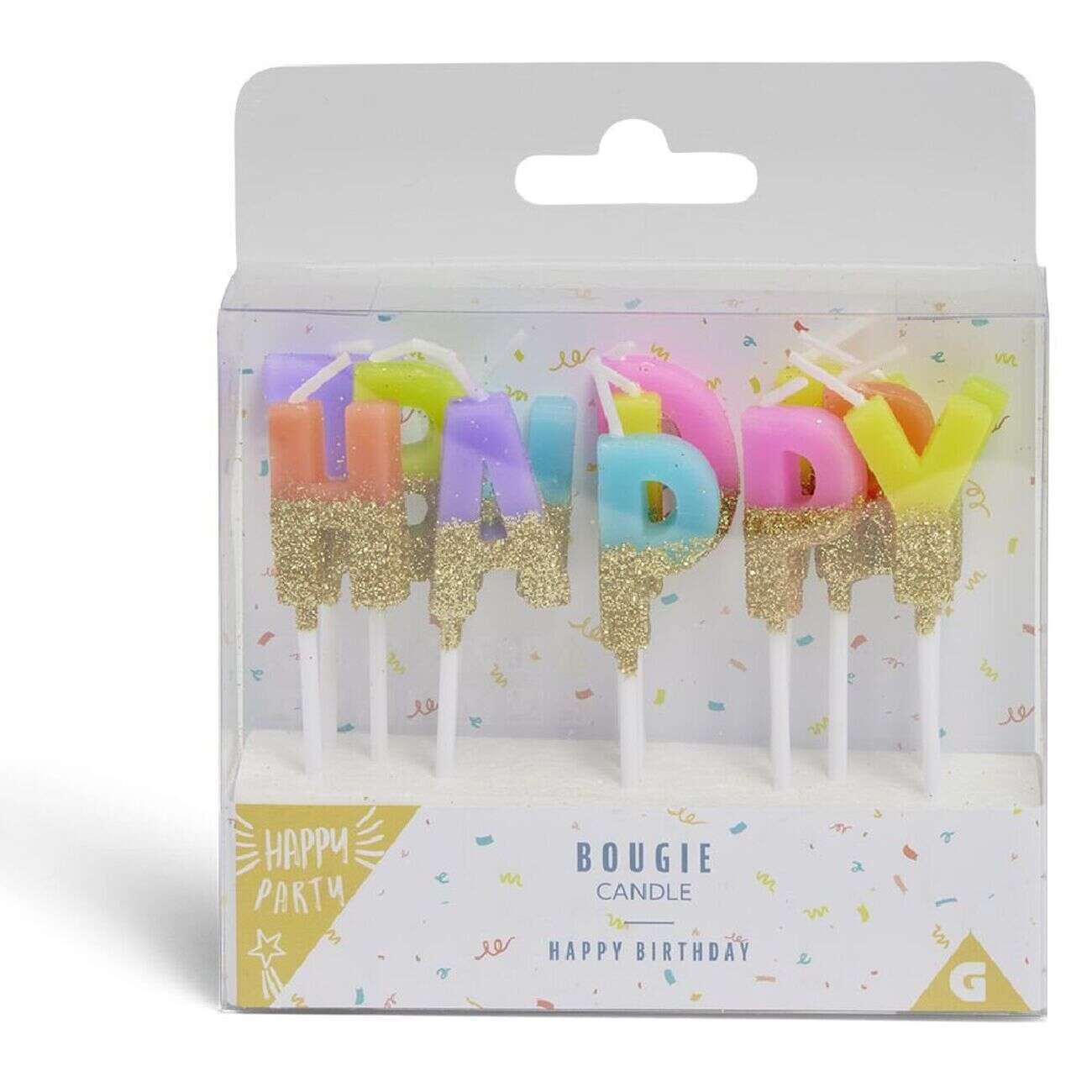 Bougie anniversaire lettres Happy Birthday multicolore et doré