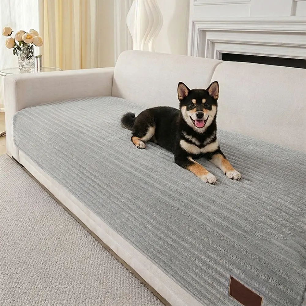 Furry Striped Sofa Protection Non-Slip Plush Couch Cover - Solid