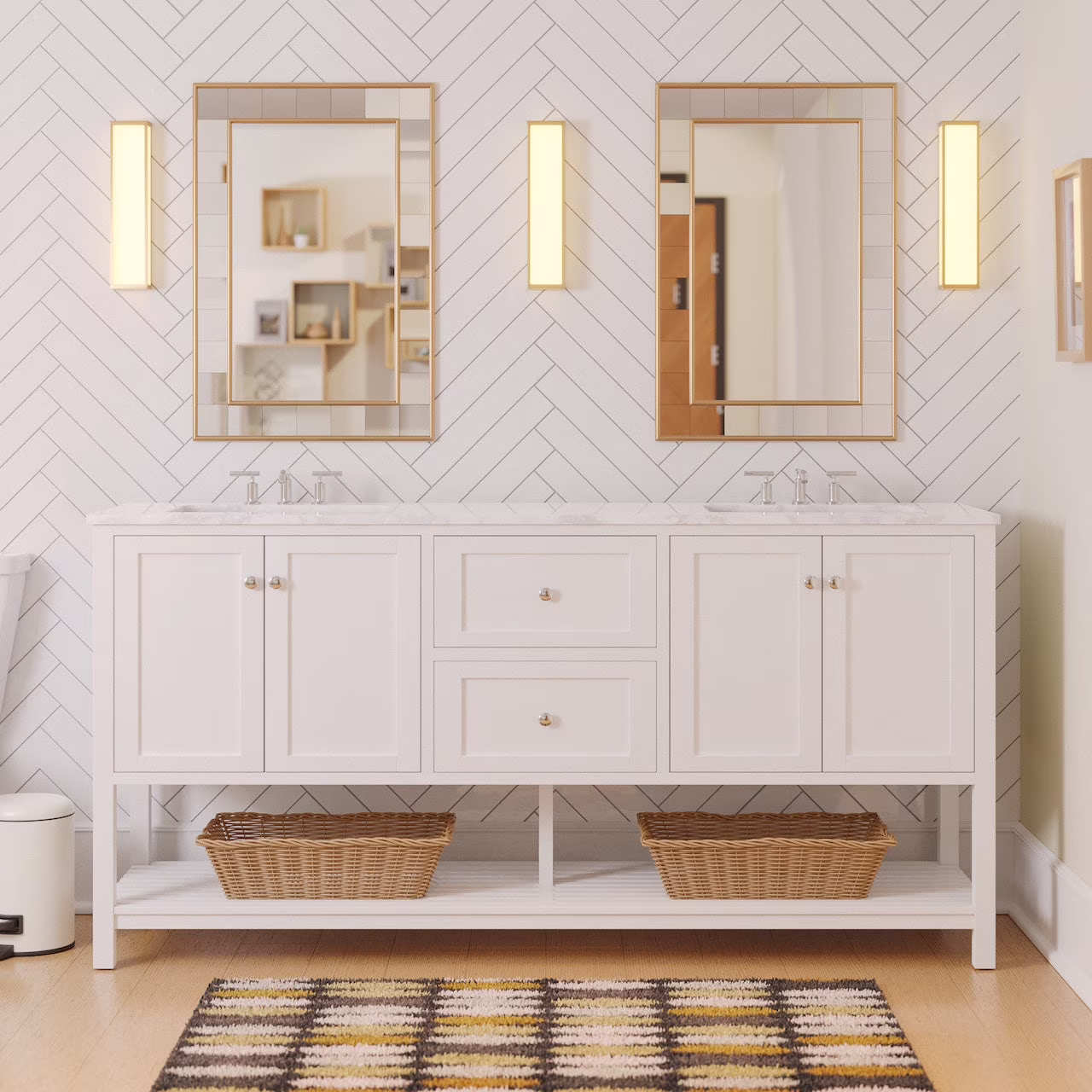 72" Double Bathroom Vanity with White Cabinet and Engineered Carrara Top(White)