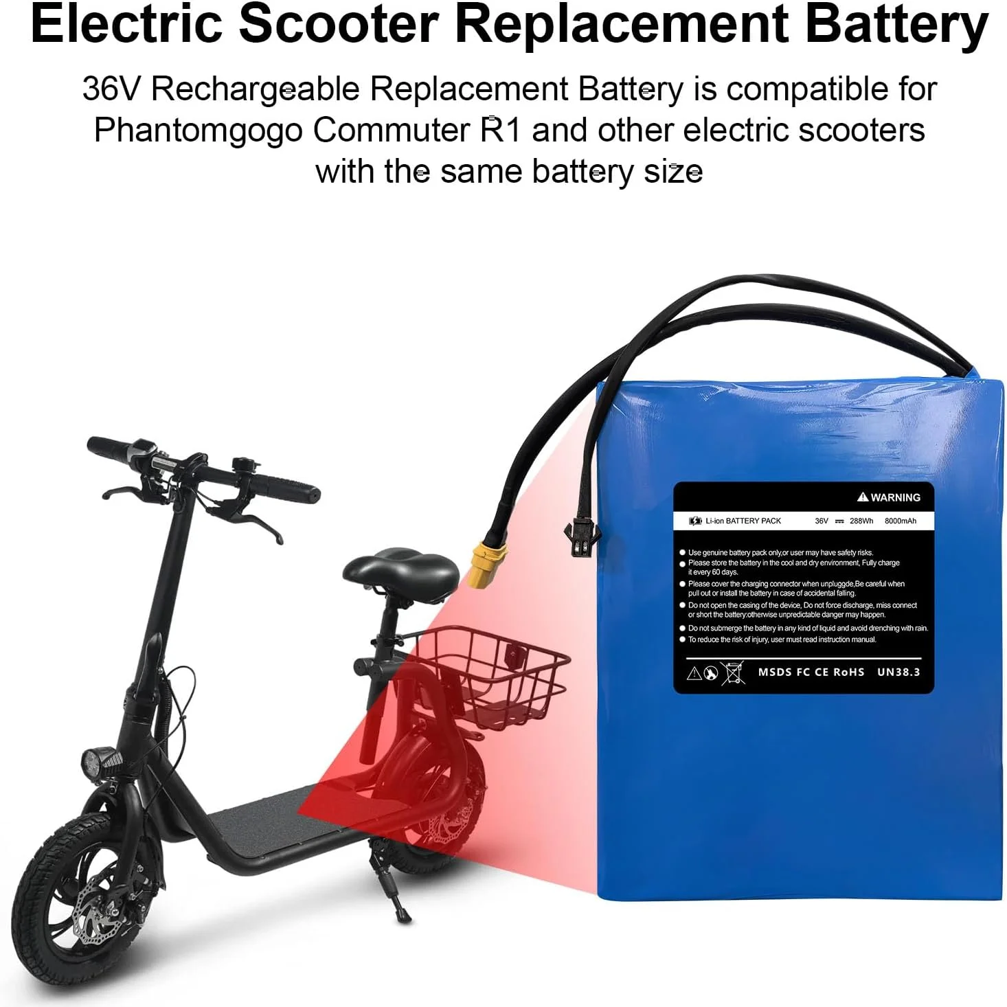 36V 8Ah Electric Scooter Battery Compatible for R1 Electric Scooters 36V Electric Scooter Replacement Battery 288Wh Li-ion Power Batteries, Size: 7.68 * 5.2 * 1.50 inch - Image 6