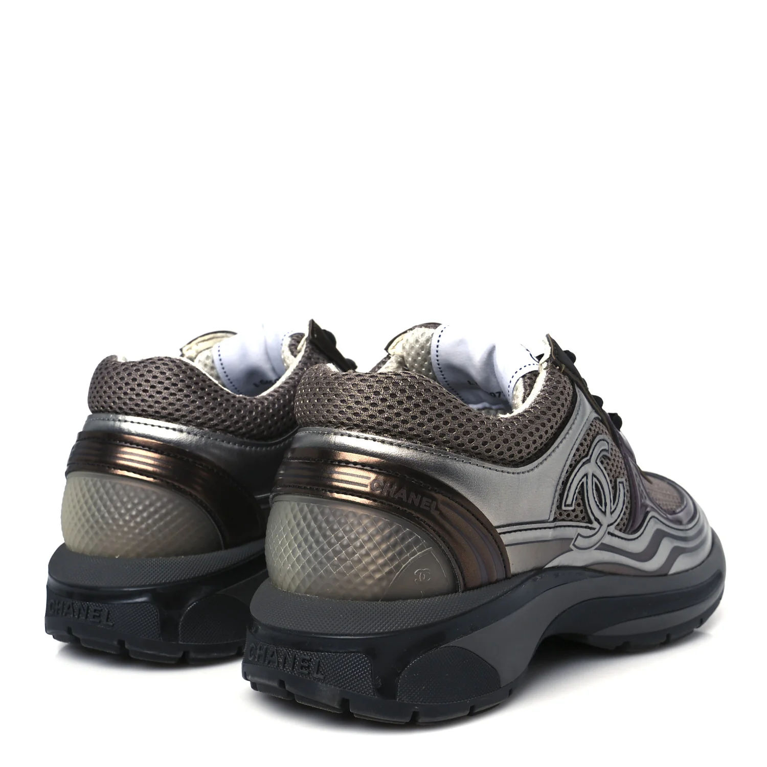 Fabric Laminated Calfskin Stretch CC Womens Sneakers 37 Khaki Silver Dark Purple
