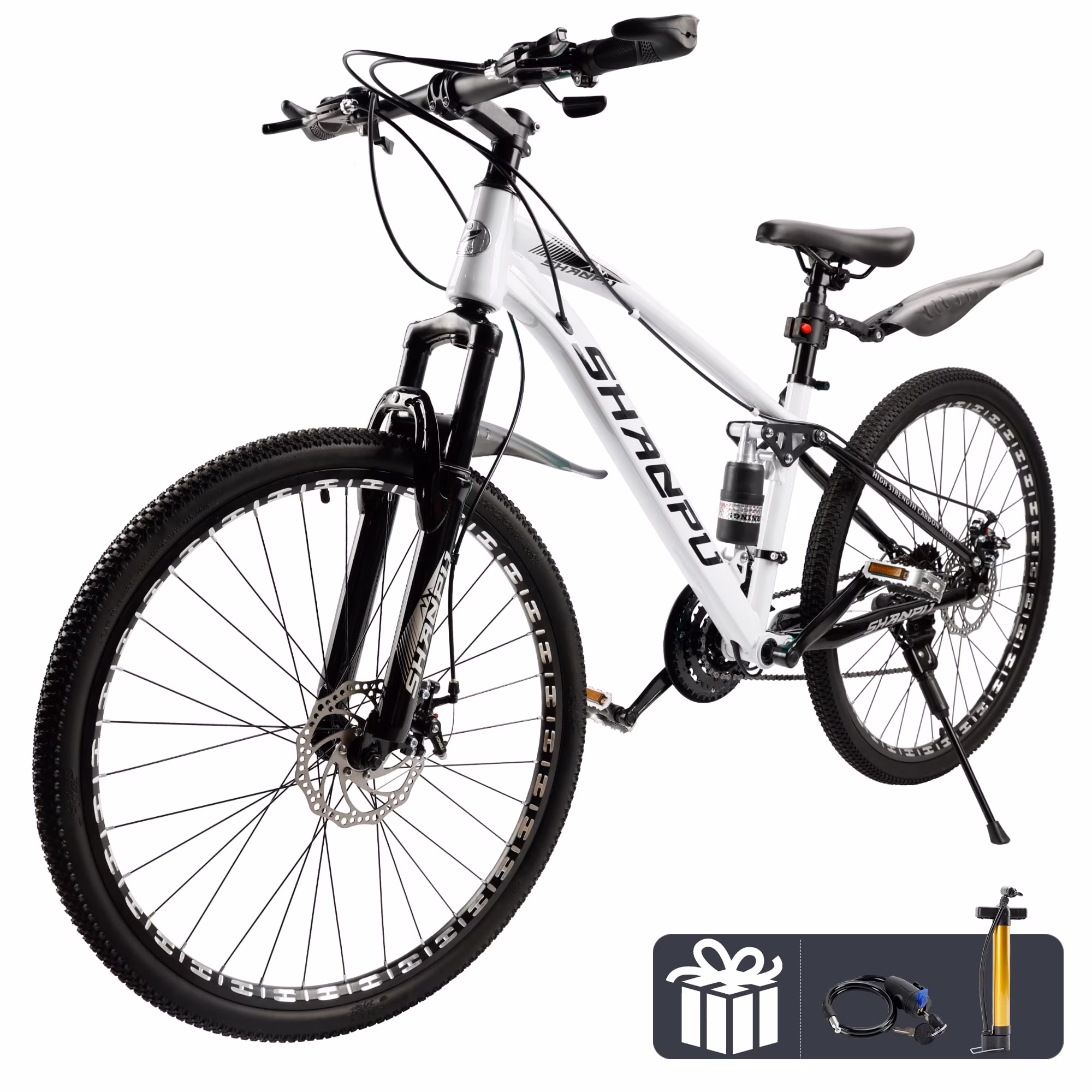 ARTUDATECH 26 Inch Wheel Full Suspension Mens Mountain Bike, Shimano 21 Speed,  Dual Disc Brake Bike for Men Womens Adult Bicycle With Bike Lock And Air Pump, orange